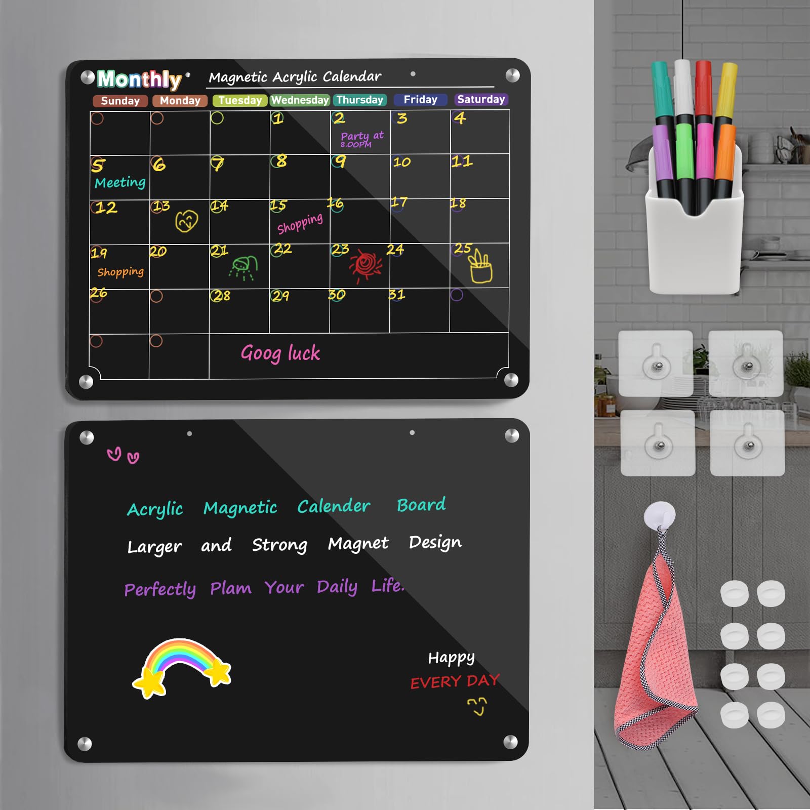 Acrylic Magnetic Calendar for Fridge,2 Pack Reusable Acrylic Magnetic Monthly & Blank Memo Dry Erase Board Planner for Refrigerator/Door/Wall/Glass，8 Colored Markers, 4 Nail-Free Stickers(17"x12"）