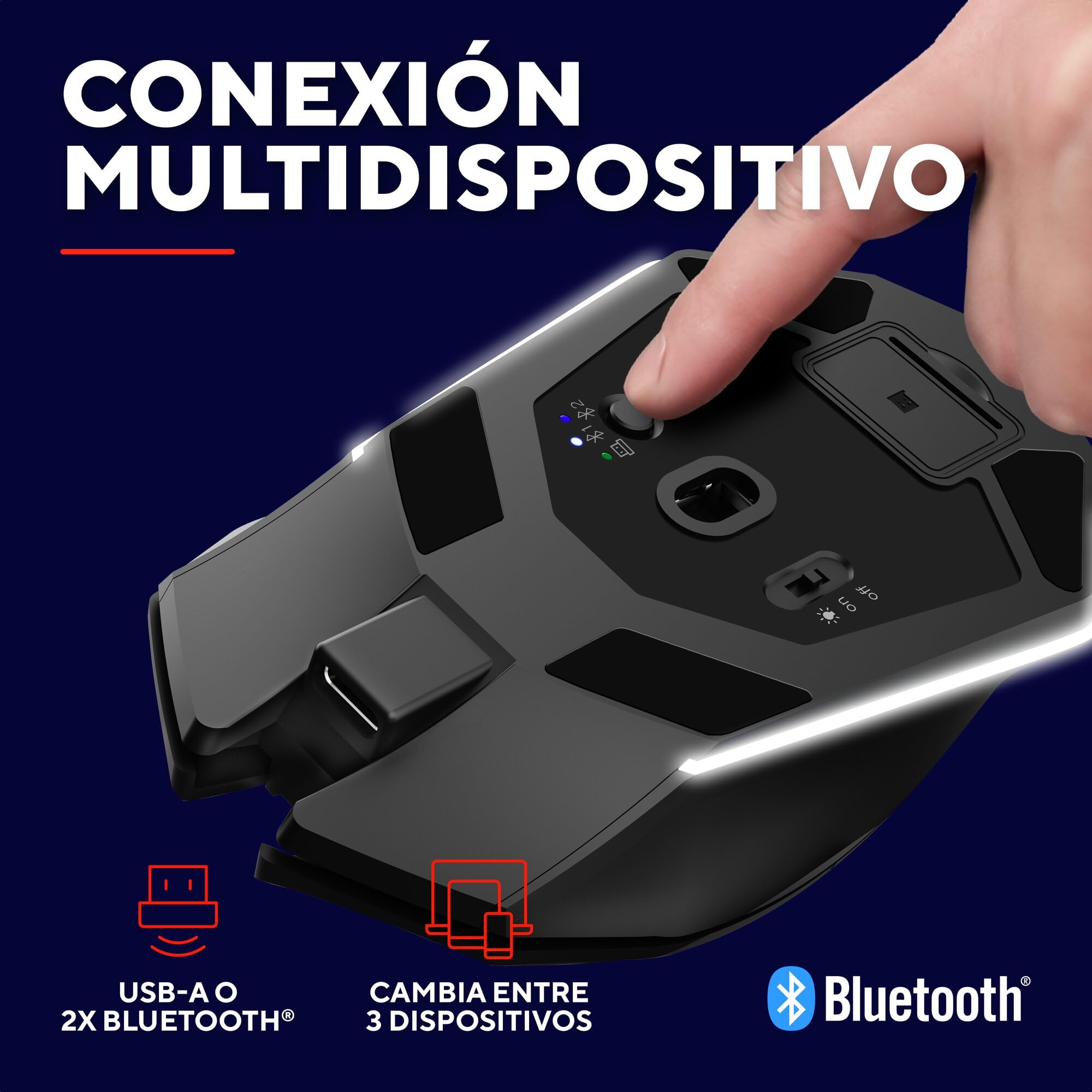 GXTrust 122 Felox+ Ratón Inalámbrico Gaming Bluetooth + 2.4GHz, Batería de 40h, 12K dpi, Iluminación LED Multicolor, 6 Botones, Ratón Gaming para Portátil, PC, Windows con USB-A Receptor, Negro - 5