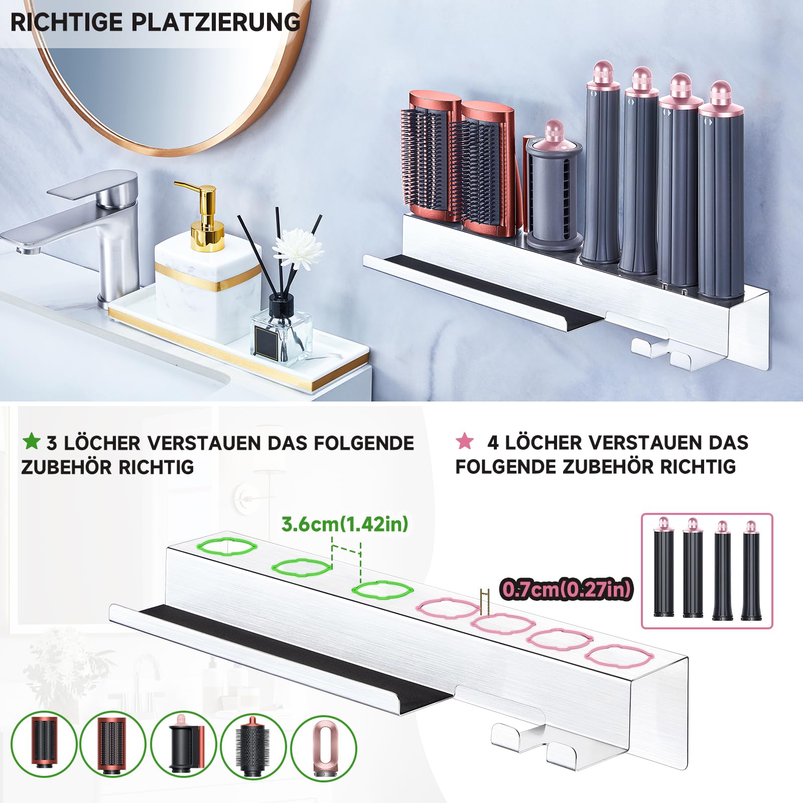 Wandhalterung Halter für 7 In 1 Styler Lockenstab Zubehör, Glätteisen Halterung, Föhnhalter Wand Ohne Bohren, Halterung für Föhn und Glätteisen Aufbewahrung, Lockenstab Halterung Fönhalter für Bad