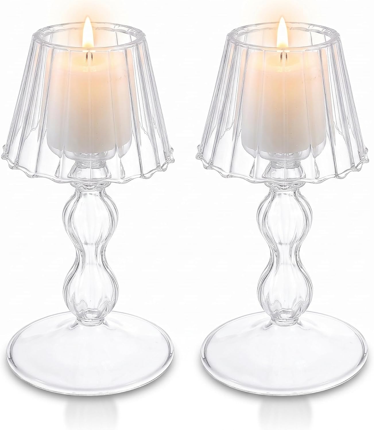 Glass Candle Holder Sets of 2, Vintage Table Lamp Shape Tea Light Holders for Wedding Centerpieces, Tall Hurricane Candle Stand for Dining Table, Tealight Lamp for Home Decor