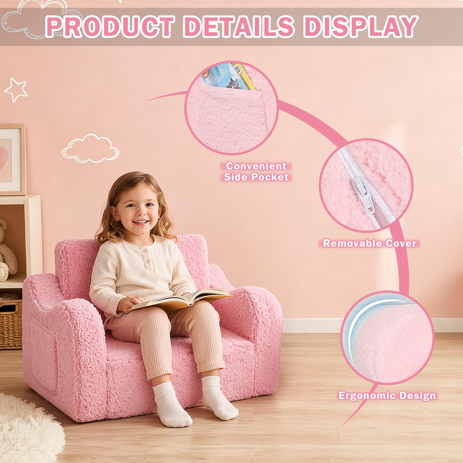 MeYuxg 3 en 1 Sofa Infantil, Sillon Bebe para Niños y Niñas, Sillón Convertible y Cama Plegable, Mini Sofá, Regalo del Niño y Cumpleaños, Rosa