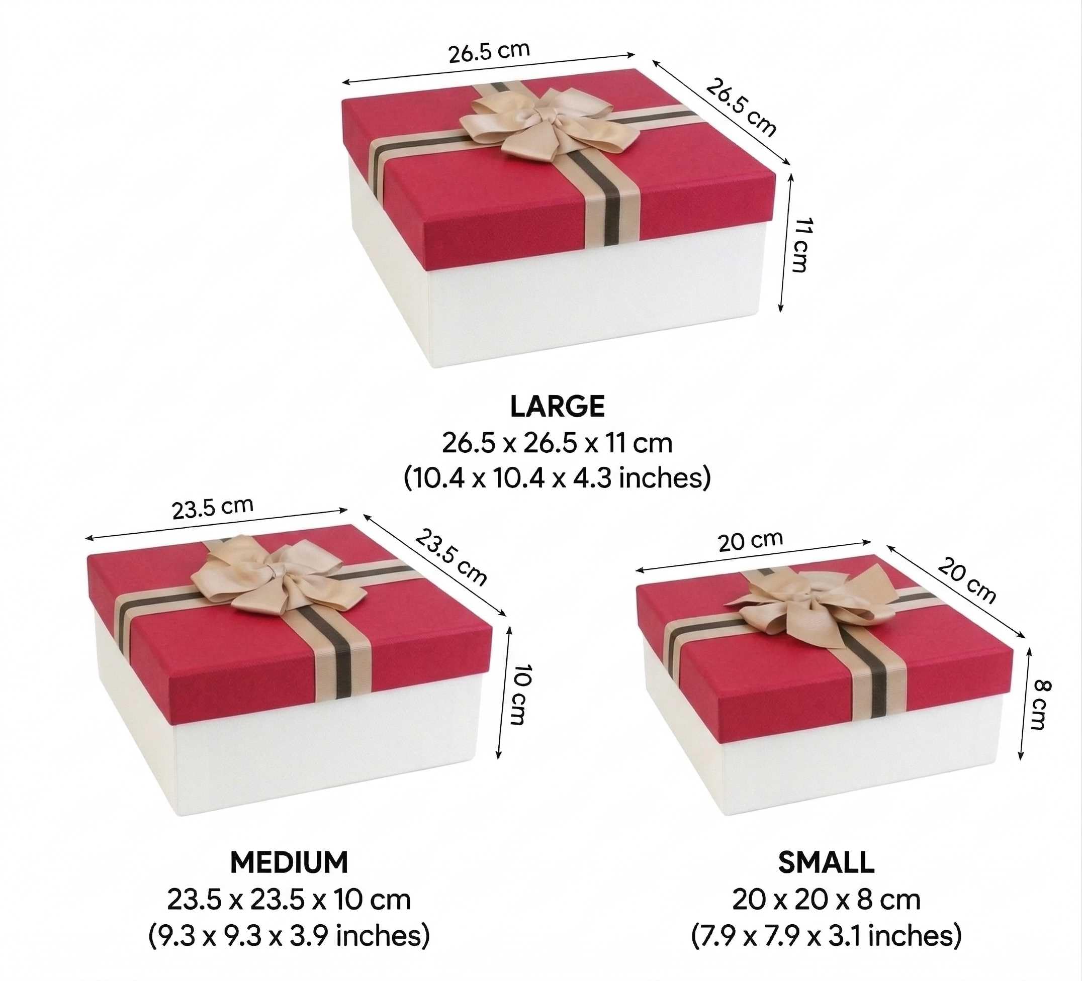 Emartbuy Set di 3 scatole regalo rigide con nastro, in carta color crema + panna/rosso – grandi, medie, piccole – scatole di cartone di lusso, confezione premium per cesti, compleanni, matrimoni