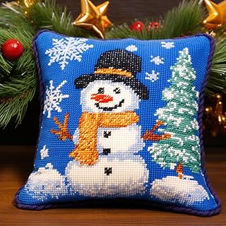 Kit de gancho de pestillo de muñeco de nieve azul de Navidad, funda de almohada, kit de fabricación de alfombras con patrón impreso de lona, costura, gancho de adorno de Navidad, 43 x 43 cm (y164)
