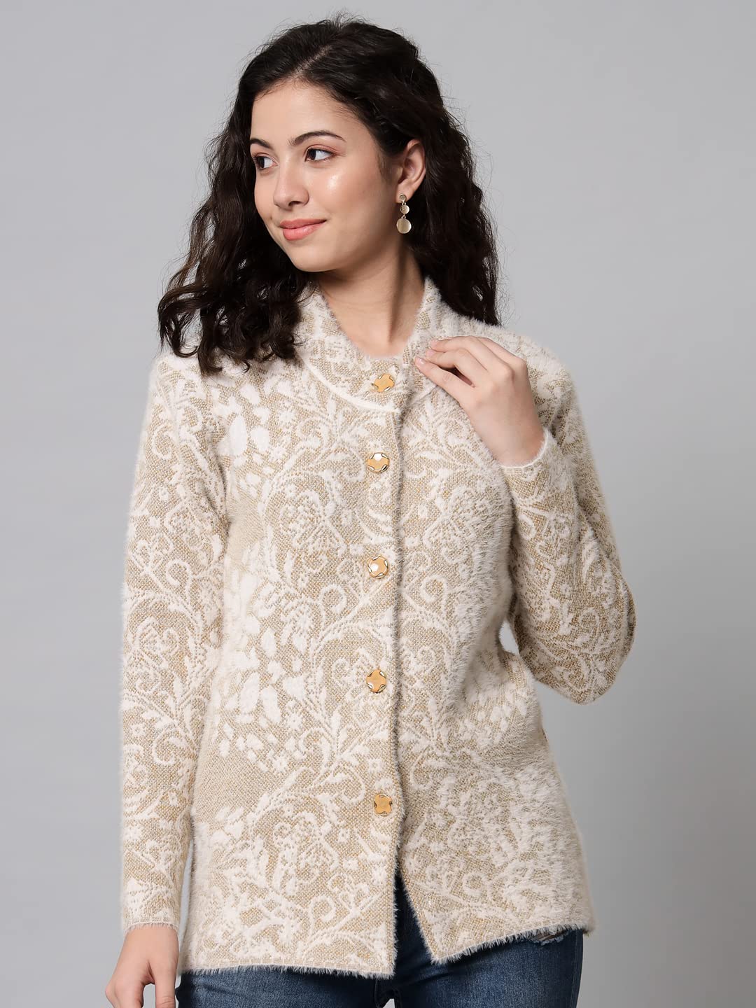 eWools Women's Wool Round Neck Cardigan (XL, Camel) - Image 2 thumbnail