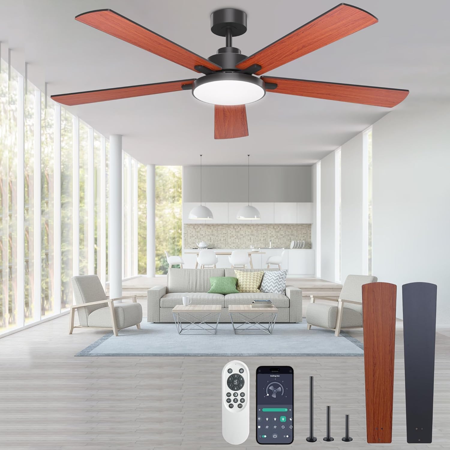 Ceiling Fans with Lights and Remote Fandelier - 20'' Flush Mount Low Profile Modern Black Ceiling Fans for Bedroom - Stepless Color Temperature Change and 6 Speeds, Black