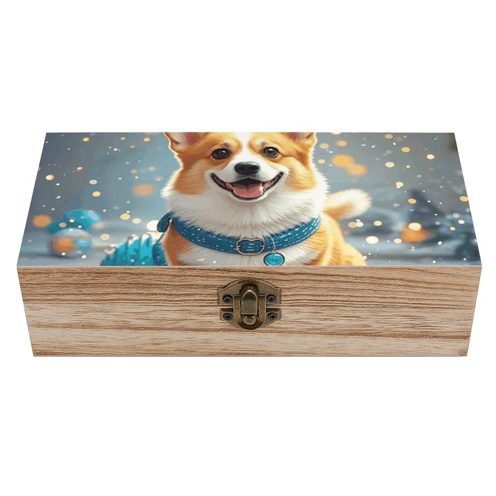 Cartoon Corgi Dog Wooden Keepsake Box, Large Acacia Storage with A Hinged L