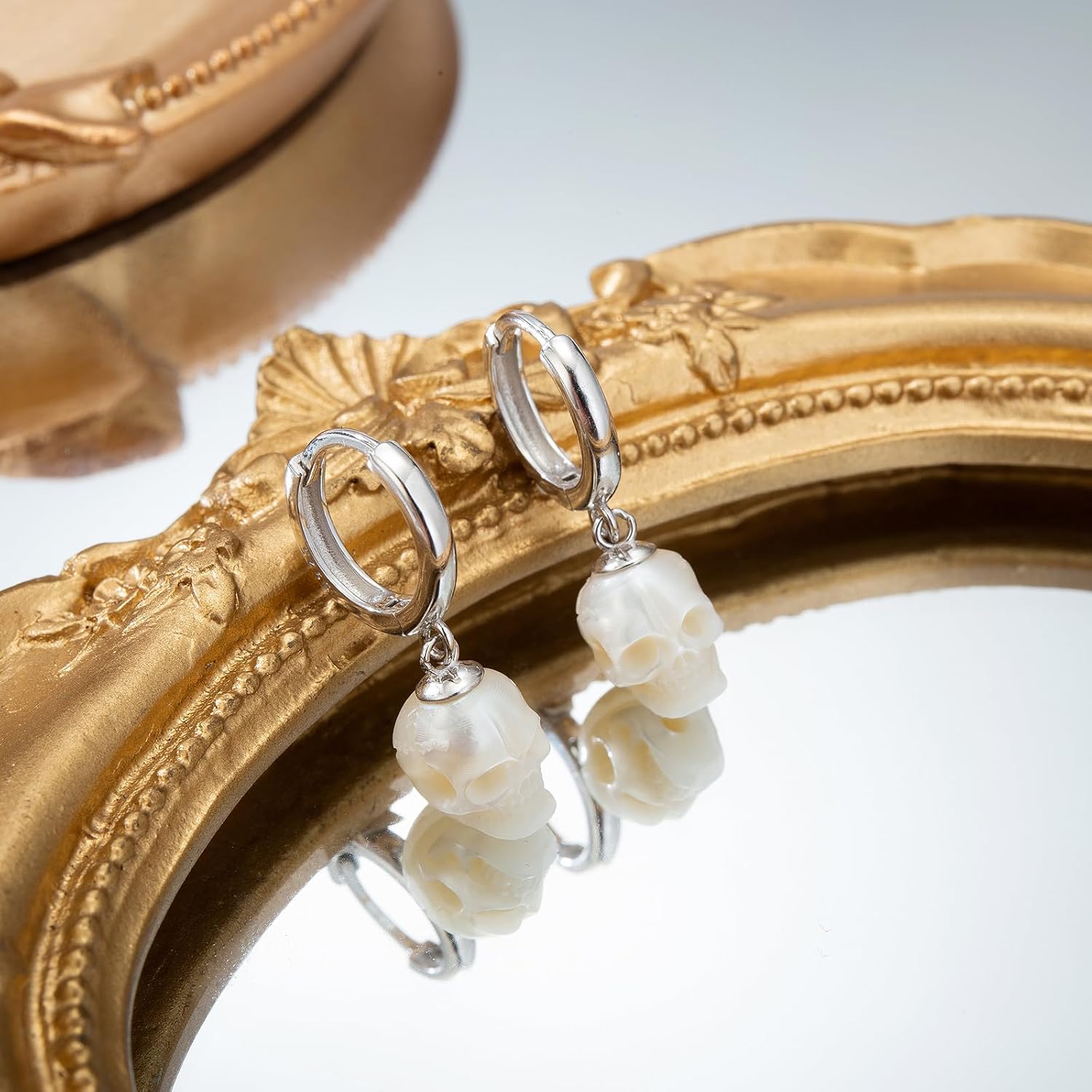Handcarved Pearl Skull Earrings, Sterling Silver Skull Earrings, Halloween Earrings - Image 4