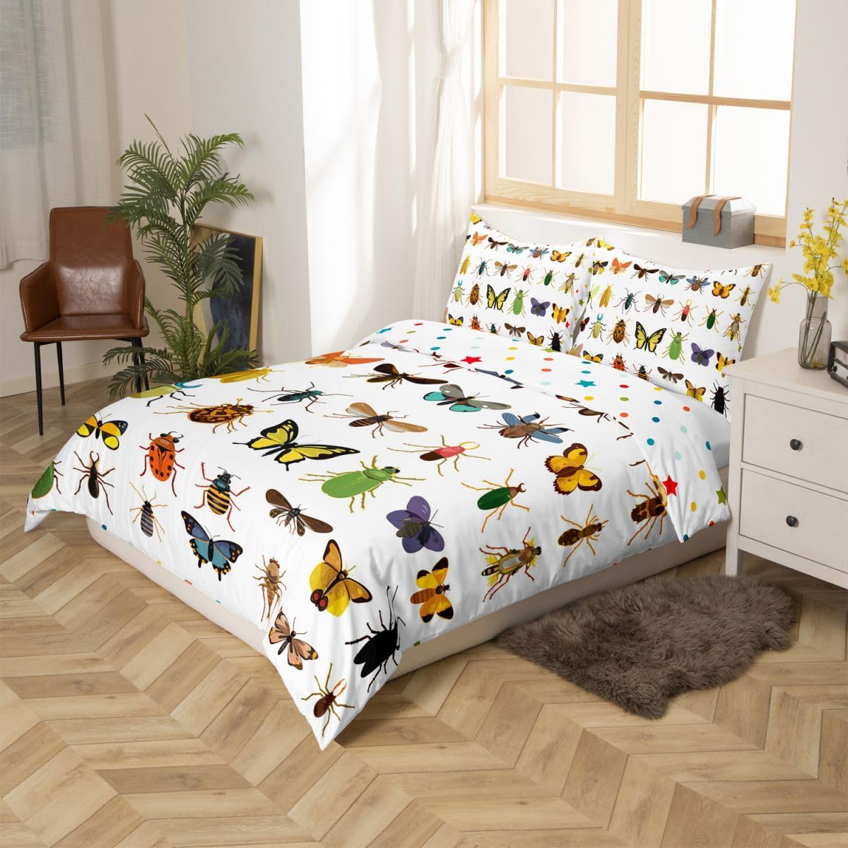 Erosebridal Watercolor Beetles Bedding Set Colorful Reptile Comforter Cover for Kids Teens Boys Girls,Colored Bugs Pattern Duvet Cover Multicolor Wild Animal Chic Nature Art Bedroom Decor Twin Size