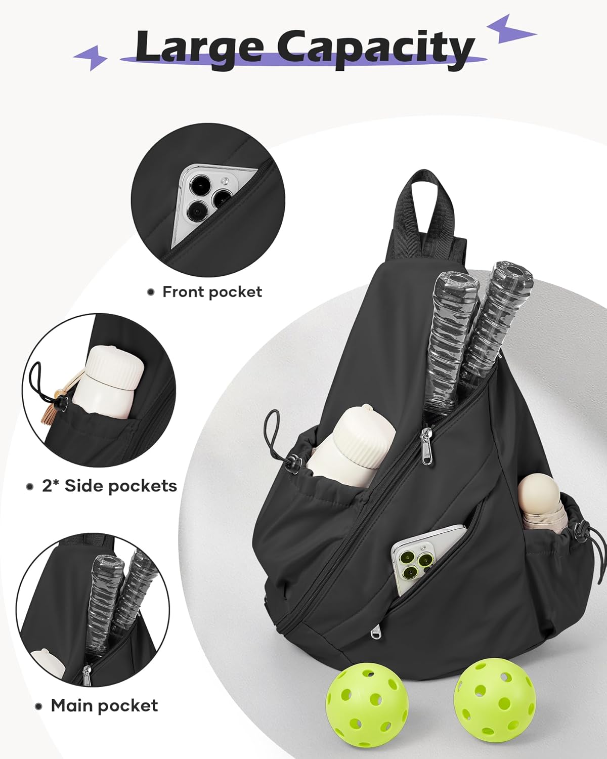 Black Pickleball Crossbody Sling Bag - Men's & Women's Pickleball Sports Backpack with Water Bottle Holder, Adjustable Pickleball - Image 4