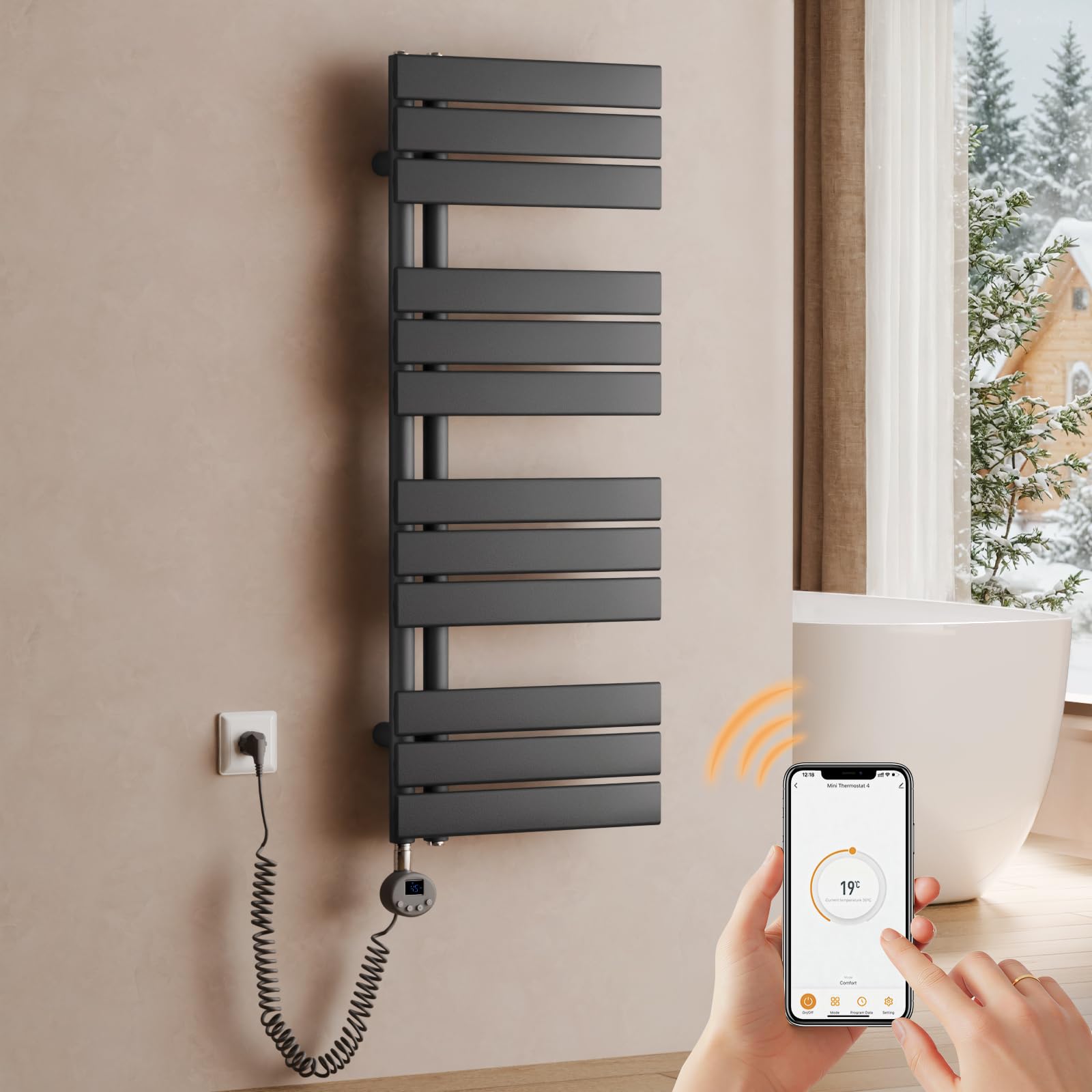 S'AFIELINA toallero eléctrico con termostato Antracita, 1041x400mm, 400W, radiador eléctrico para Toallas, Resistencia eléctrica, Temporizador, termoarredo para baño, Panel con conexión Lateral