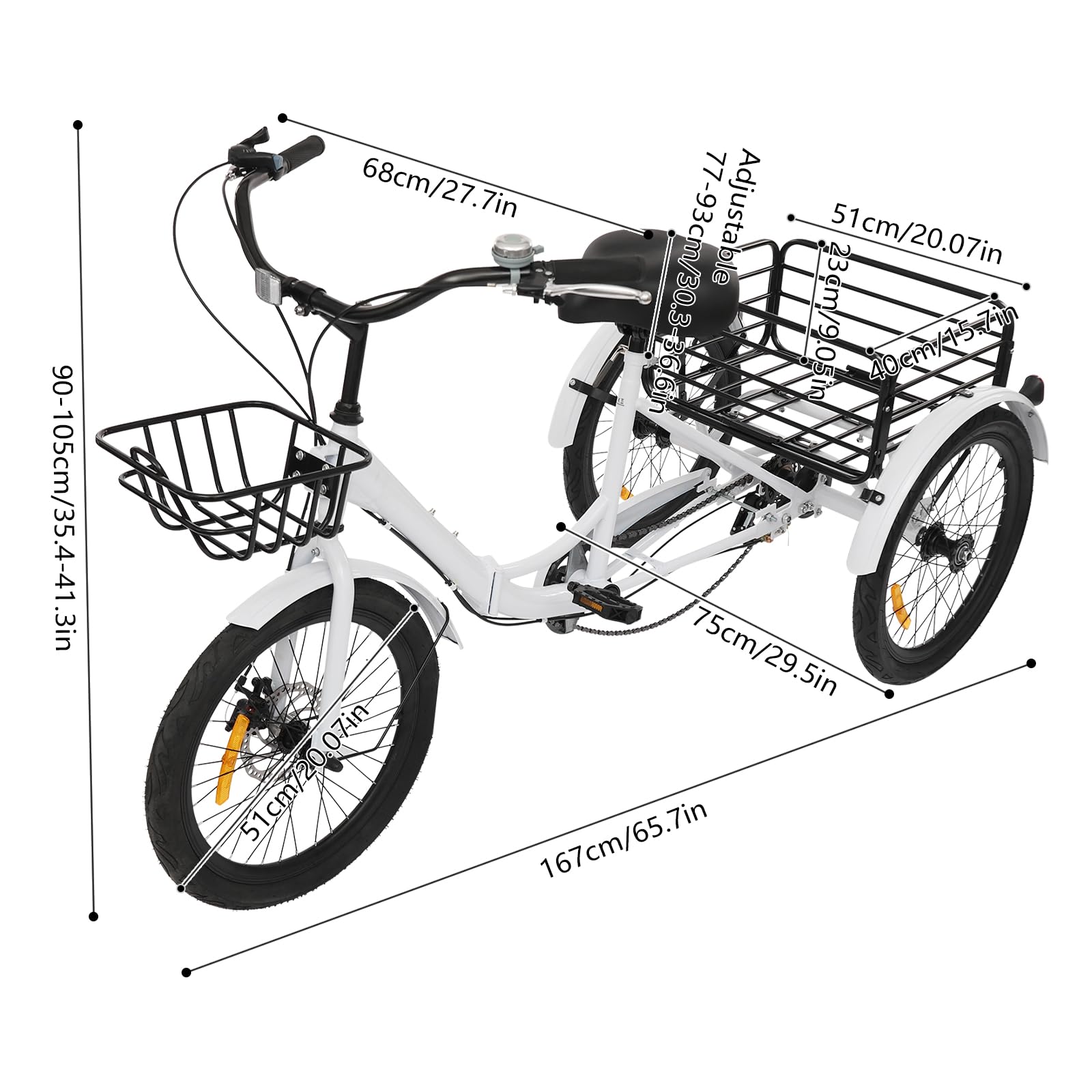 Triciclo plegable de 20 pulgadas para adultos, 7 velocidades con cesta de compras, cerradura, freno de disco delantero, freno de tambor trasero, bicicleta de 3 ruedas