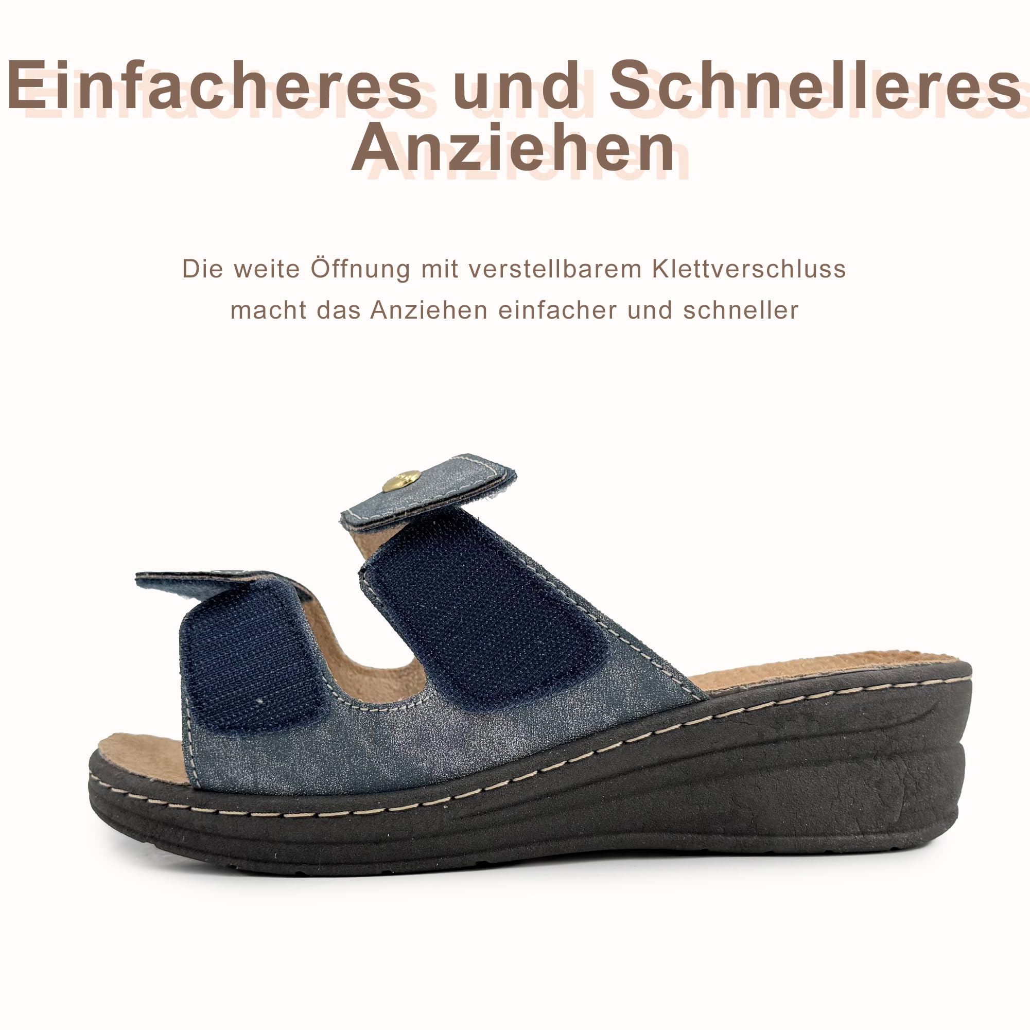 JOMIX Damen Pantoletten Orthopädische mit Klettverschluss Sommer Hausschuhe Anatomisch Ergonomisch Herausnehmbares Lederfußbett Verstellbar Bequemer Keilabsatz für ältere Damen