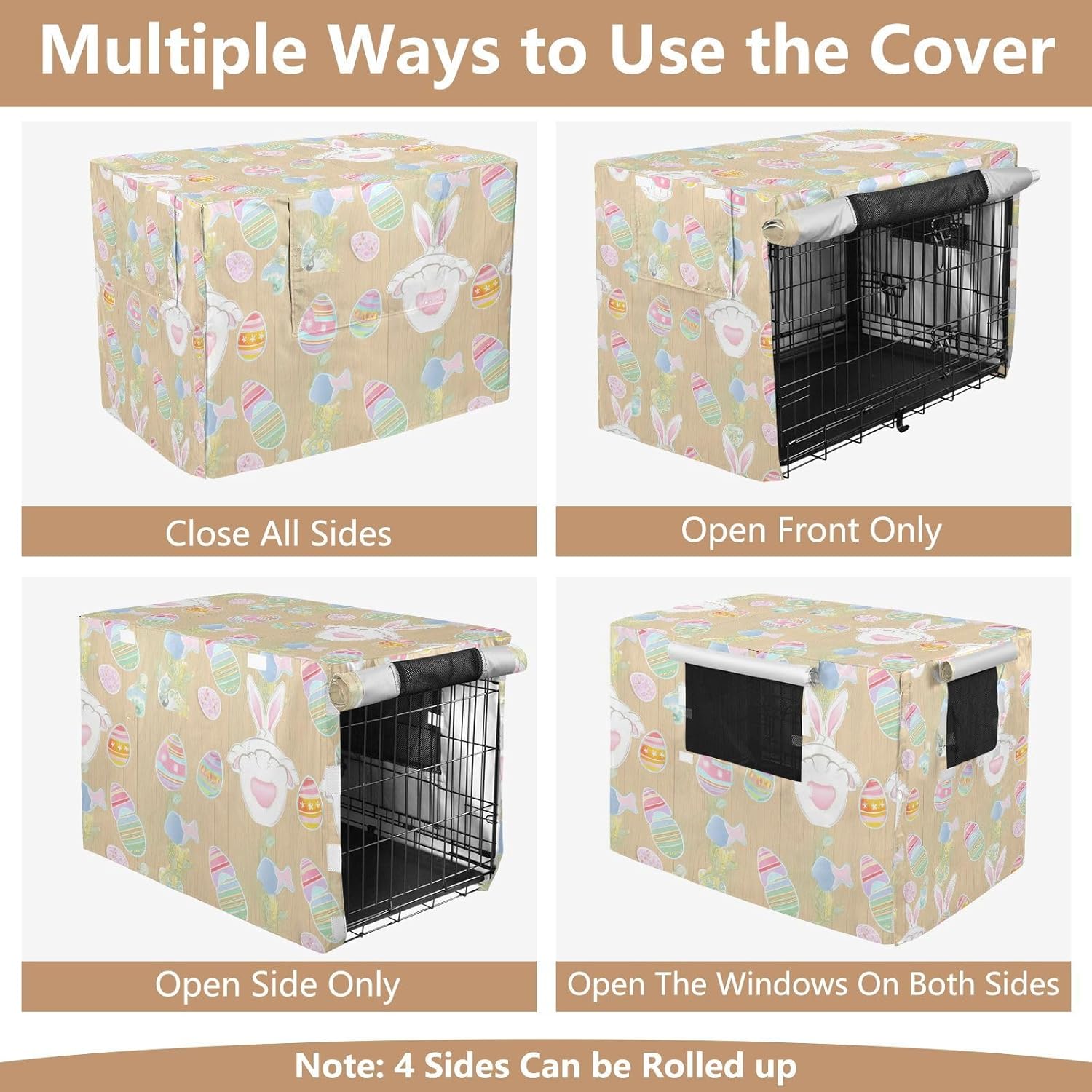 Cheerful Easter Elements Beige Pet Crate Cover with Roll-up Sides, Washable Cover for Dog Crate, Large