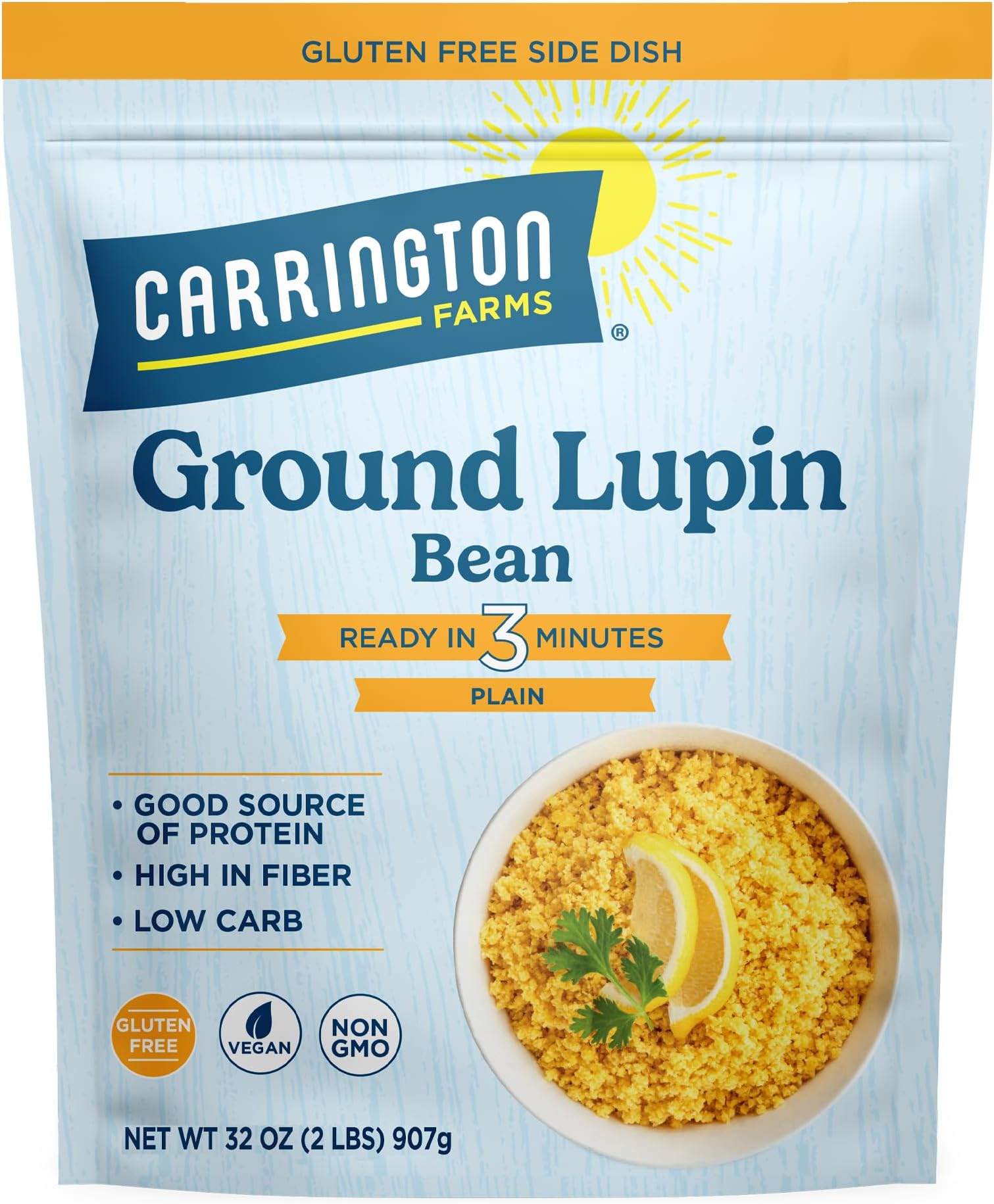 Carrington Farms - Ground Lupin Bean - Plain - 32 oz - Low Glycemic Side Dish - Keto Friendly - High Protein - Fiber Rich - Vegan - Non GMO 1g NET CARB