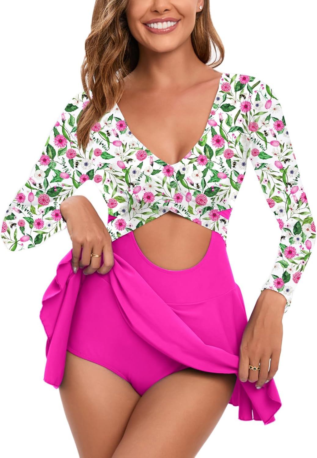 NESY Long Sleeve Swimsuits for Women Rash Guard V Neck One Piece Bathing Suit Swim Dress Woman Swimwear Swimdress UPF 50+