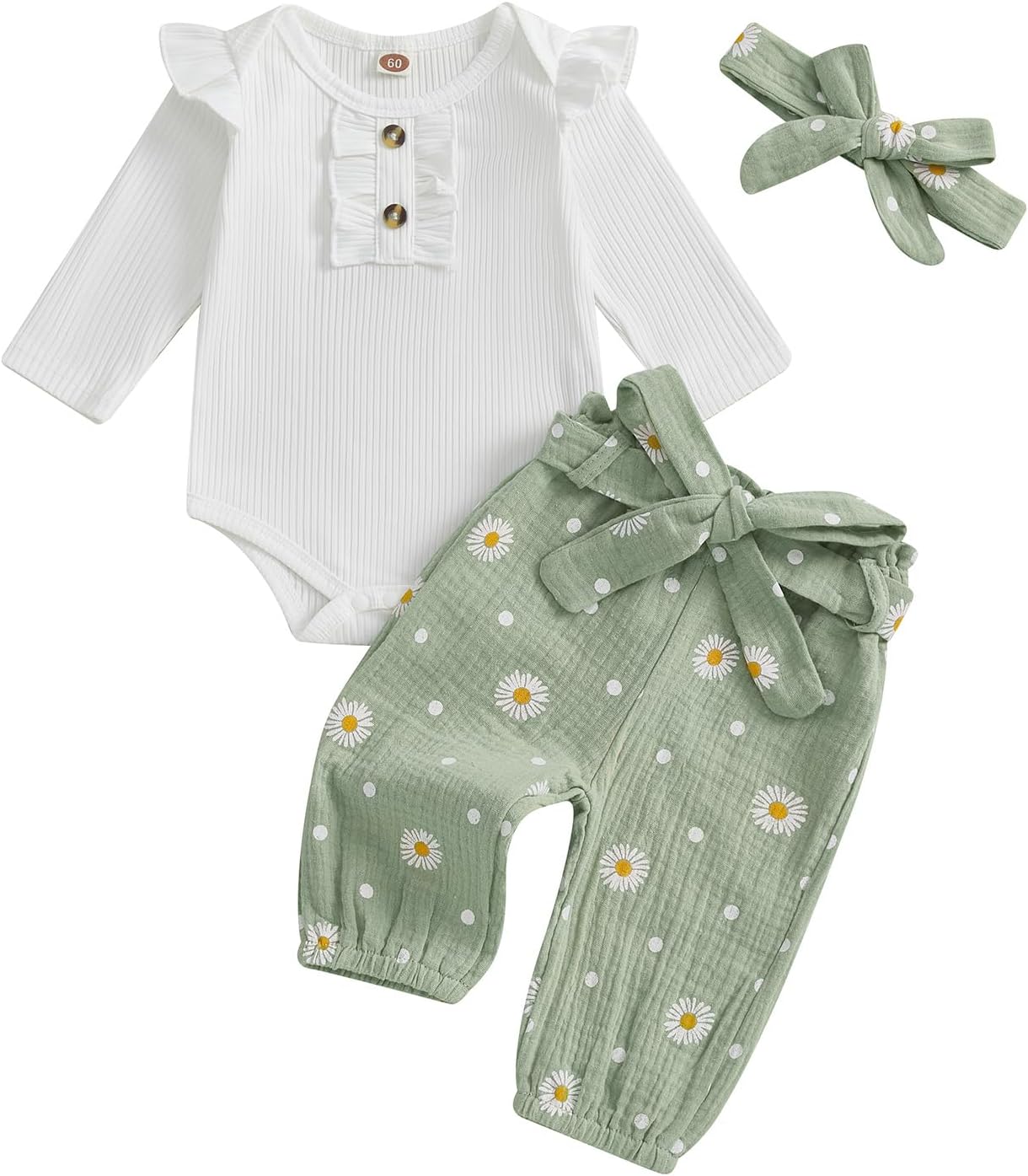 Kaipiclos Newborn Infant Girl Clothes Rib Knit Romper Ruffle Sleeve Daisy Print Pants Baby Clothes Girls 0 3 6 12 18 24 Month