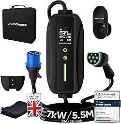 EV Charger CEE 32A Plug | Portable EV Charger Type 2, 7kW | Single Phase, Cabel, 6-32A | Electric Car Charger | Home Car Charger | Fast Charging, Compact, Travel-Friendly (7kW, 5,5 Meter)