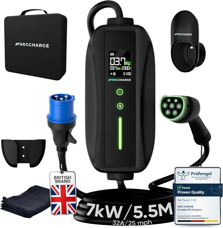 EV Charger CEE 32A Plug | Portable EV Charger Type 2, 7kW | Single Phase, Cabel, 6-32A | Electric Car Charger | Home Car Charger | Fast Charging, Compact, Travel-Friendly (7kW, 5,5 Meter)