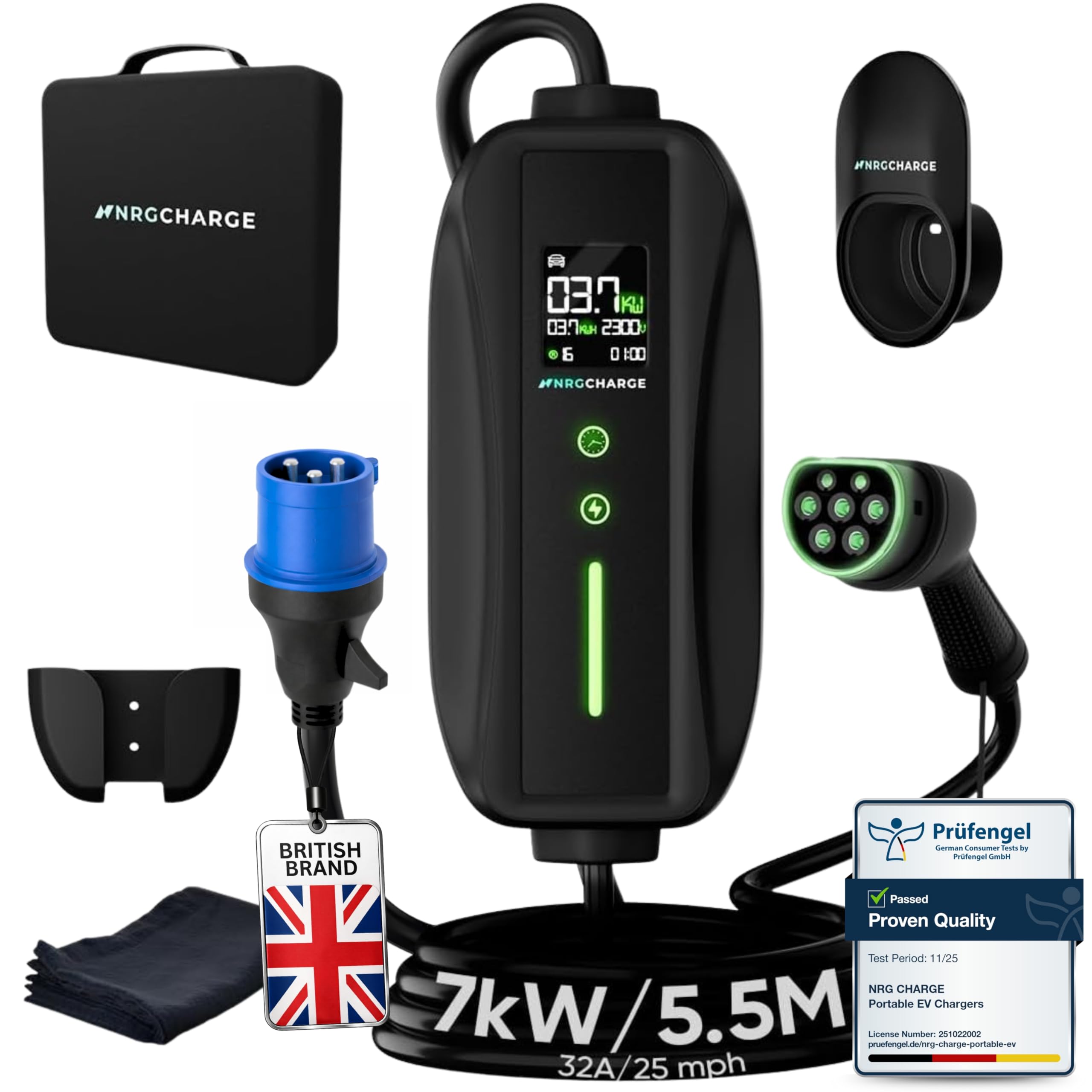 EV Charger CEE 32A Plug | Portable EV Charger Type 2, 7kW | Single Phase, Cabel, 6-32A | Electric Car Charger | Home Car Charger | Fast Charging, Compact, Travel-Friendly (7kW, 5,5 Meter)