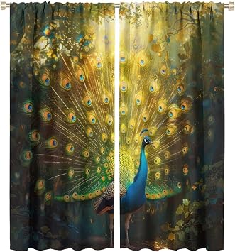 Elegant Peacock Blackout Curtains, Gorgeous Nature Golden Bird Feather Window Drapes Home Decor Rod Pocket Curtain for Living Room Bedroom, 2 Panels, Each 21" W x 45" L