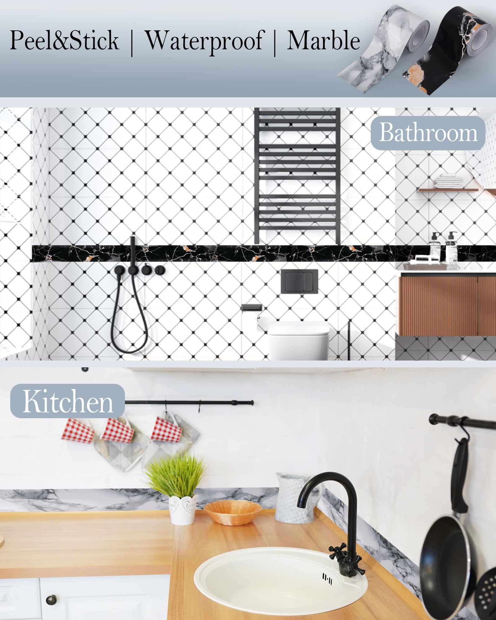 Bordo Autoadesivo Per Pareti FBBULES - PVC, Effetto Marmo, 5m X 5/10/15cm, Facile Applicazione - Foto 3