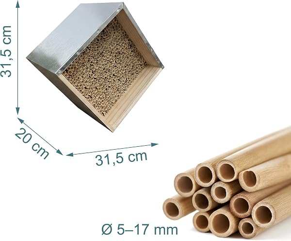 Relaxdays Hôtel à Abeilles en Bois, Toit en métal galvanisé, Tubes de Roseau, à Suspendre, Naturel/Argent, 31,5 x 31,5 x - 4