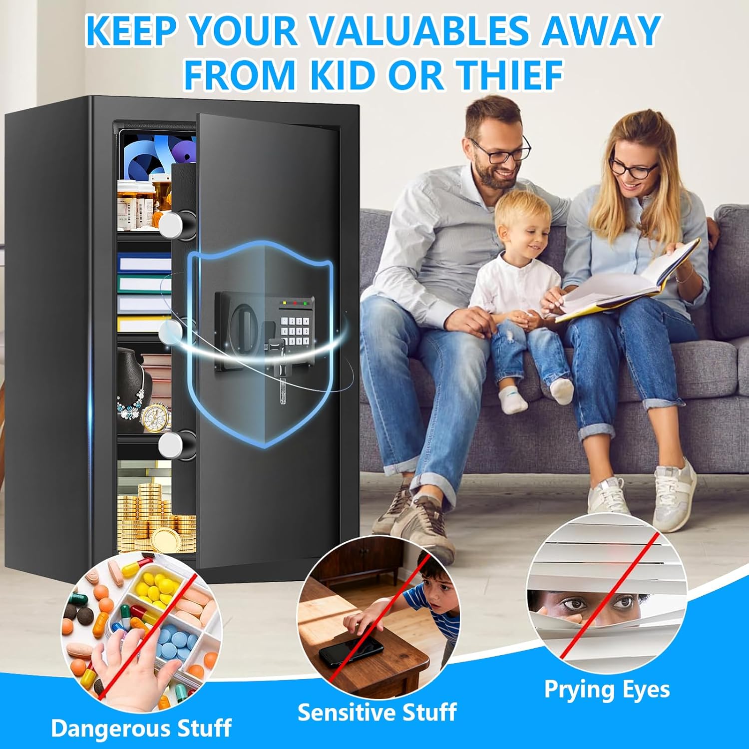 5.1 Cuft Large Home Safe, Waterproof Fireproof Safe Box for Money with Combination Lock and Spare Keys, Fire Proof Security Safe for Home Use, Fire Water Proof Safe for Documents Firearm Medicine
