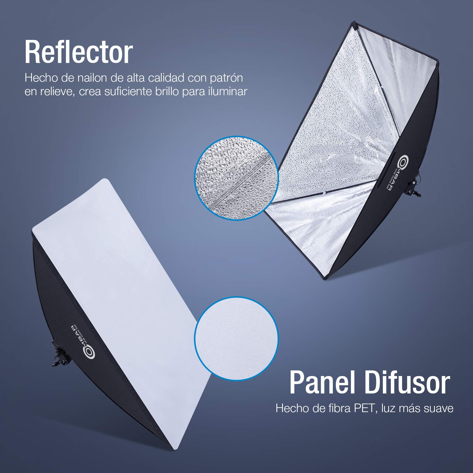 OMBAR Kit Iluminacion Fotografia con 2 Softbox de Nailon 50×70cm y 2 Bombillas de 135W 5500K E27 y 1 Bolsa de Transporte, para Videos de Retrato de Estudio, Luz para Estudio Fotográfico Profesional