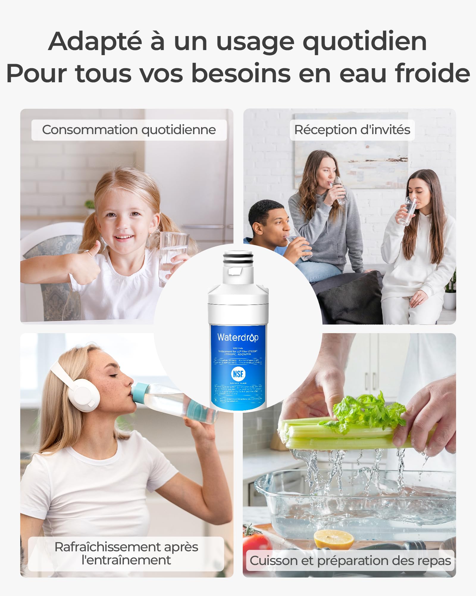 Waterdrop WD-F46 Filtre à eau pour réfrigérateur, compatible avec LG® LT1000P®, ADQ74793501, ADQ74793502, 46-9980, 9980, adapté à des modèles tels que LFXC24796S, LSFXC2496D, certifié NSF, 2 pièce