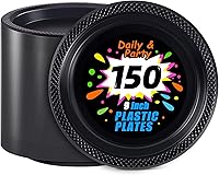 Vista 1 de WELLIFE Black Plastic Plates 9 Inch -150 Count for Party, Plastic Disposable Dinner Plates for Halloween Picnic BBQ