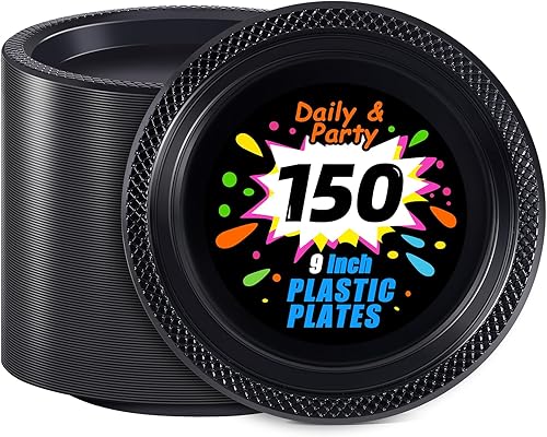 WELLIFE Black Plastic Plates 9 Inch -150 Count for Party, Plastic Disposable Dinner Plates for Halloween Picnic BBQ