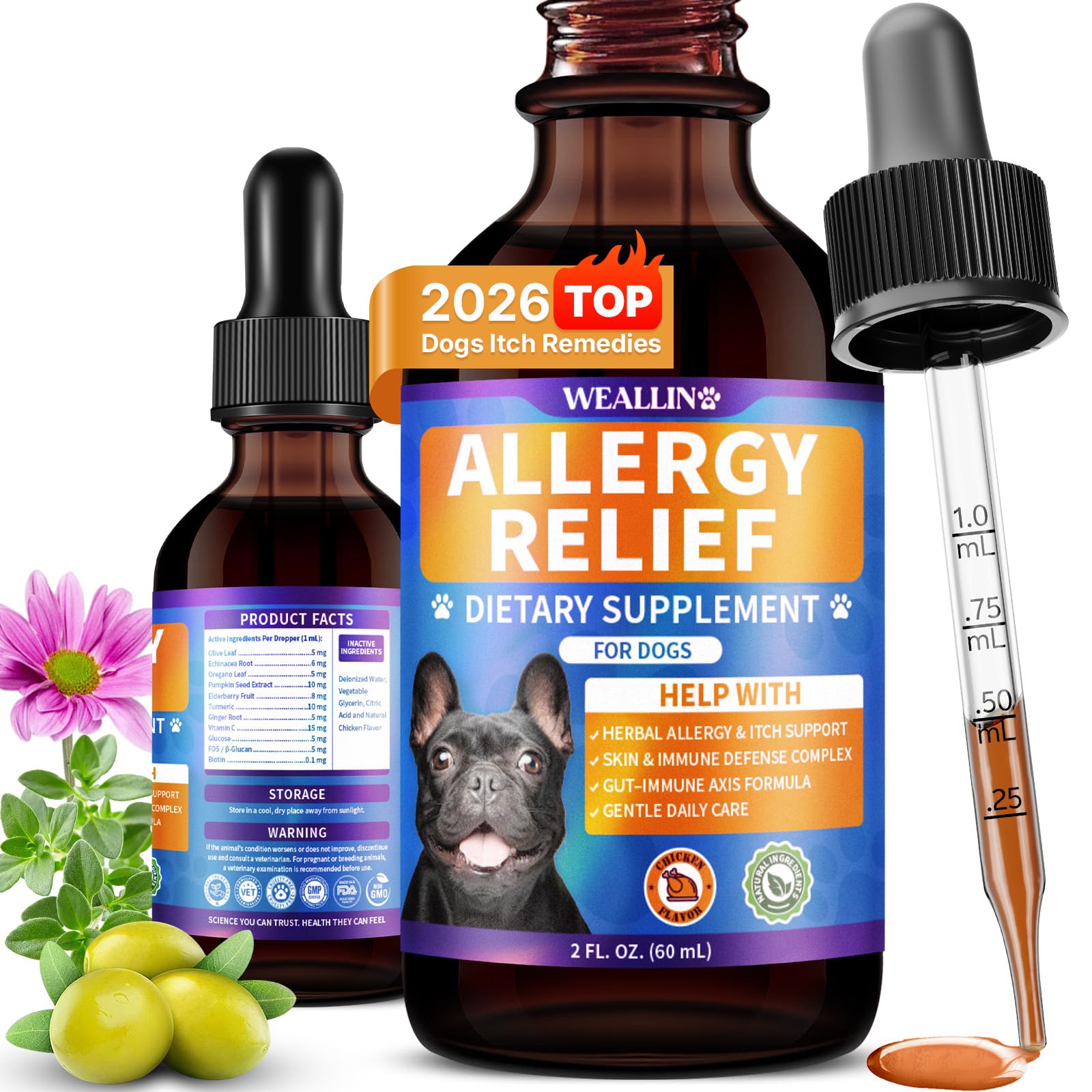 WEALLIN Dog Allergy Relief Drops, Itchy Skin & Coat Support, 60ml