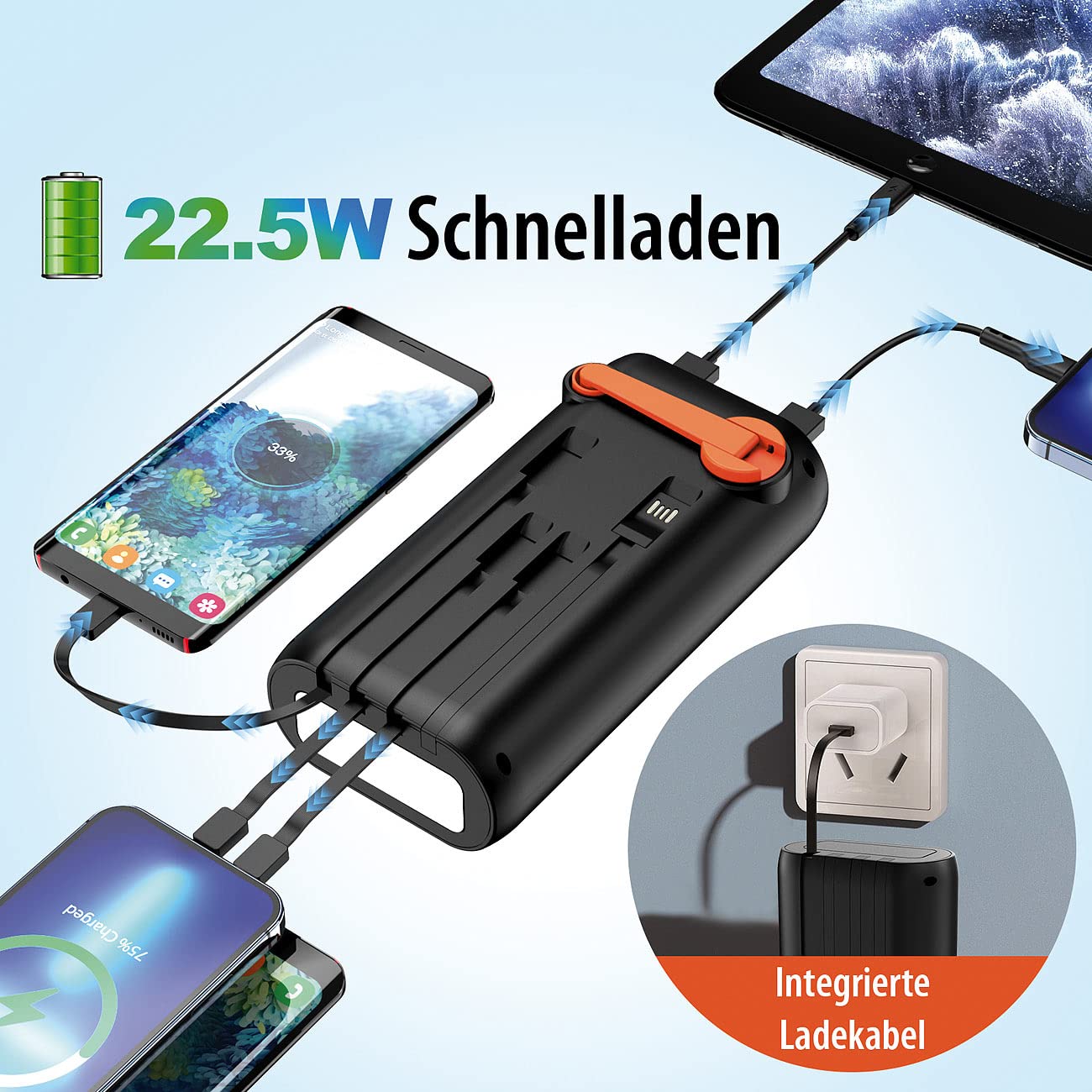 revolt Nachtlicht: Solar-Powerbank mit Kurbel & Extra-Solarpanel, 30.000 mAh, PD 20 Watt (Kurbel Dynamo-Powerbank, Power Delivery, Qi)