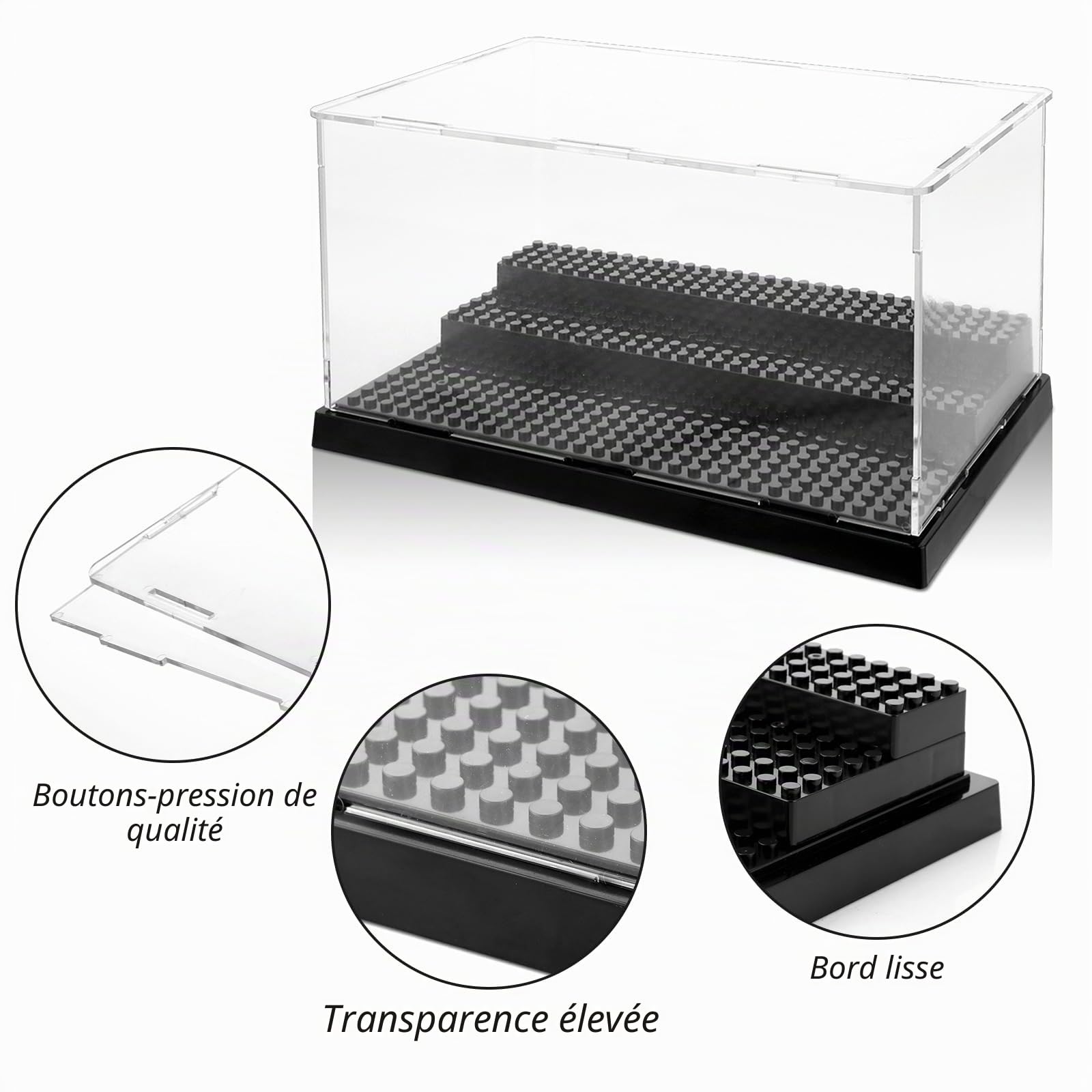 Lot de 2 vitrines en acrylique à 3 couches - 25 x 15,5 x 14 cm - Blocs de vitrine - En acrylique noir - Transparent - Étanche à la poussière - Pour collection de jouets