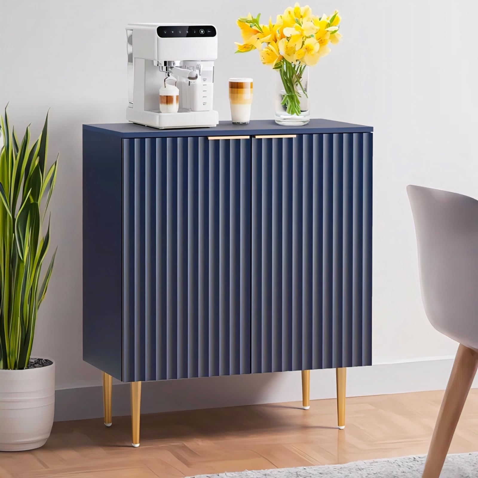 Floated Panel Wooden Sideboard Cabinet | 2 Door Storage Unit with Metal Legs | Premium HDMR Wood Console Cabinet for Living Room, Kitchen & Dining | DIY Leg Assembly | Blue-image-48