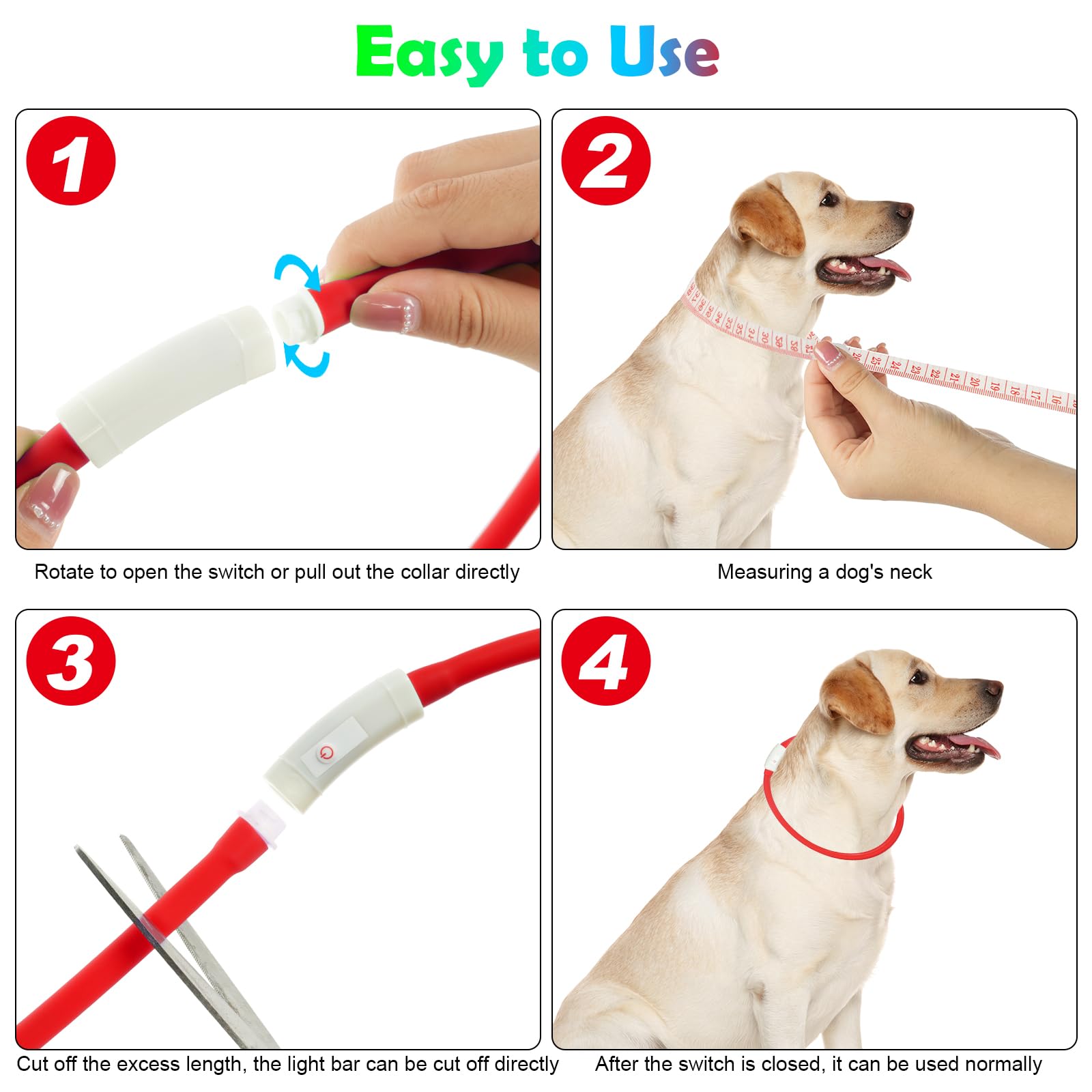 AUAUY Collare Luminoso per Cani, Collare per Animali Domestico LED Ricaricabile USB, Collare di Lunghezza Regolabile con 4 Modalità Luminose per Cani di Taglia Piccola Media Grande - Rosso