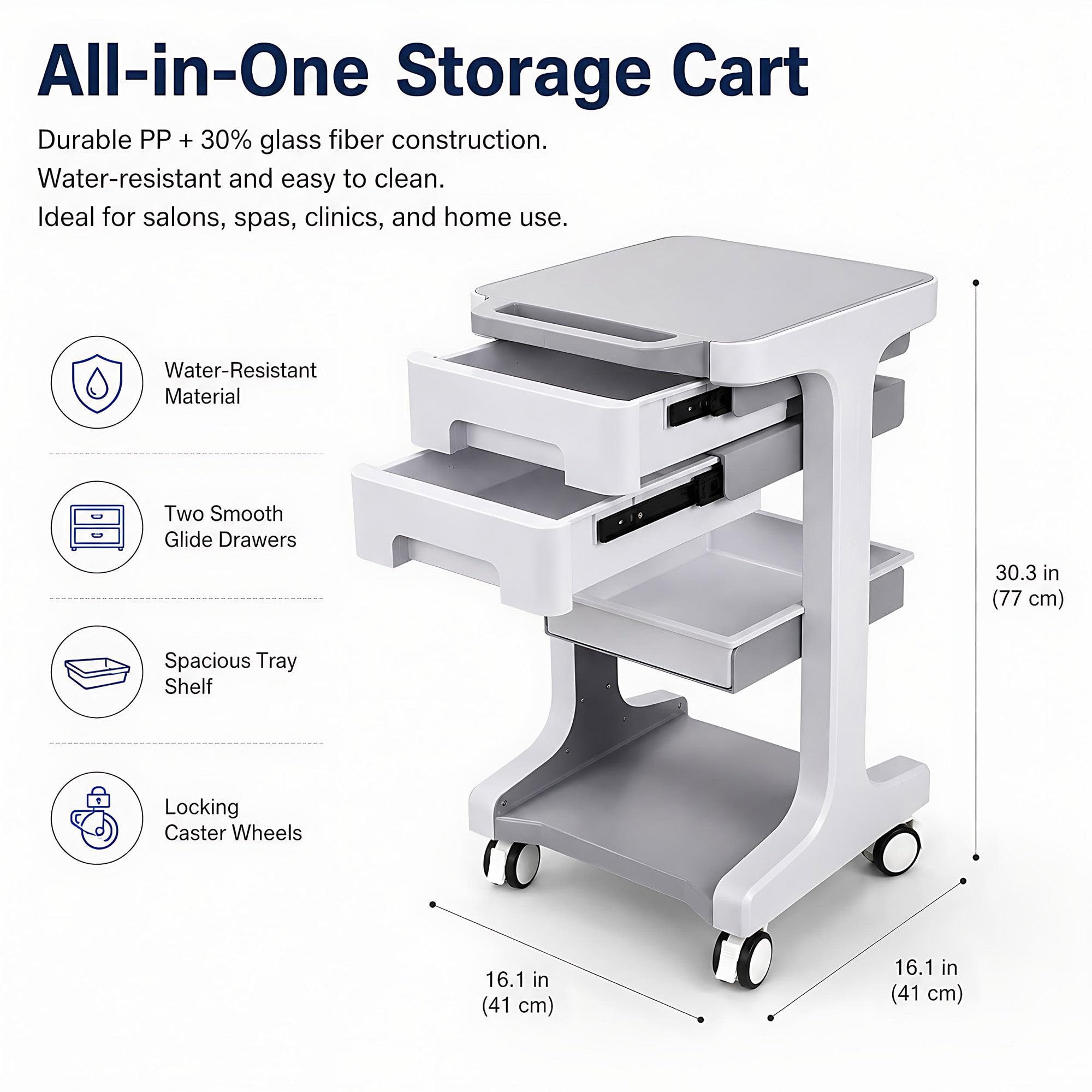 Carrello laboratorio 3 piani 2 cassetti, 50 kg, freni, per ambulatorio Grey | Design compatto e ingombro ridotto. Adatto a studi medici, ospedali, centri estetici, saloni di parrucchiere e laboratori.