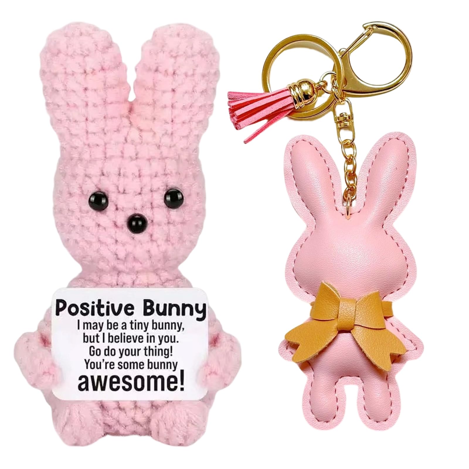 Vspek Positive Crochet Animals Bunny, Pink Rabbit Keychain, Handmade Knitted Doll with Inspirational Card, Emotion Support Gift for Her, Him, Family, Friends, Bestie, Coworker, Home Office Desk Decor โ image 1