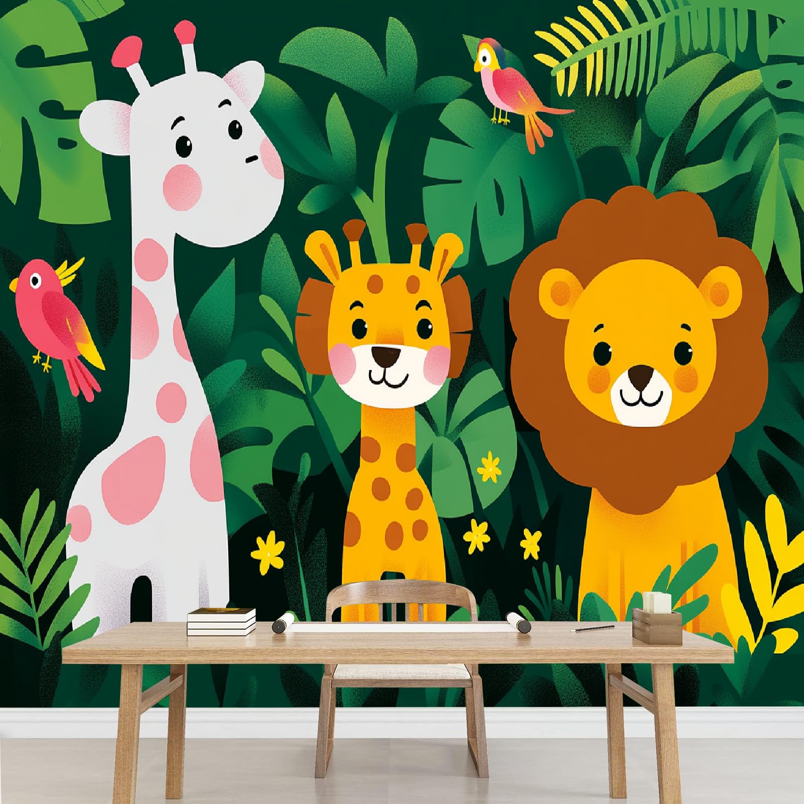 Mural de pared Jirafa León Papel pintado fotográfico grande Plantas De La Jungla Vinilos murales impermeables para dormitorio infantil guardería decoración de fiesta 200x140cm