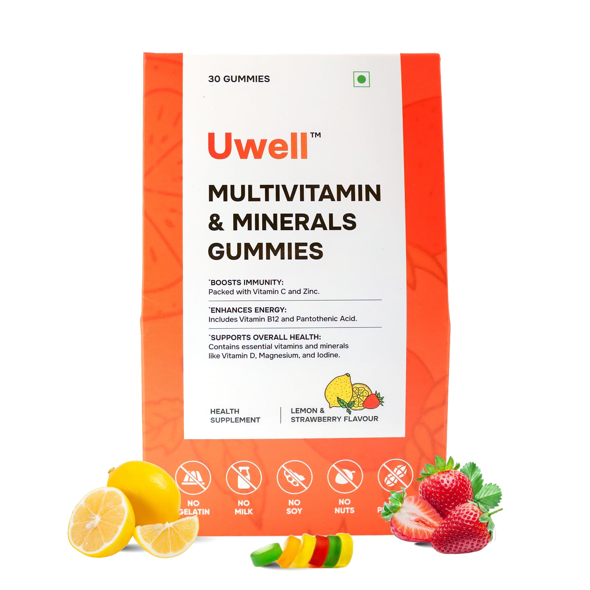 Uwell Nutrition Multivitamin Gummies for Kids & Adults | Daily Vitamin Supplement with 12 Essential Nutrients – Supports Immunity, Bone & Energy | Lemon & Strawberry | Gluten-Free | 30 Count