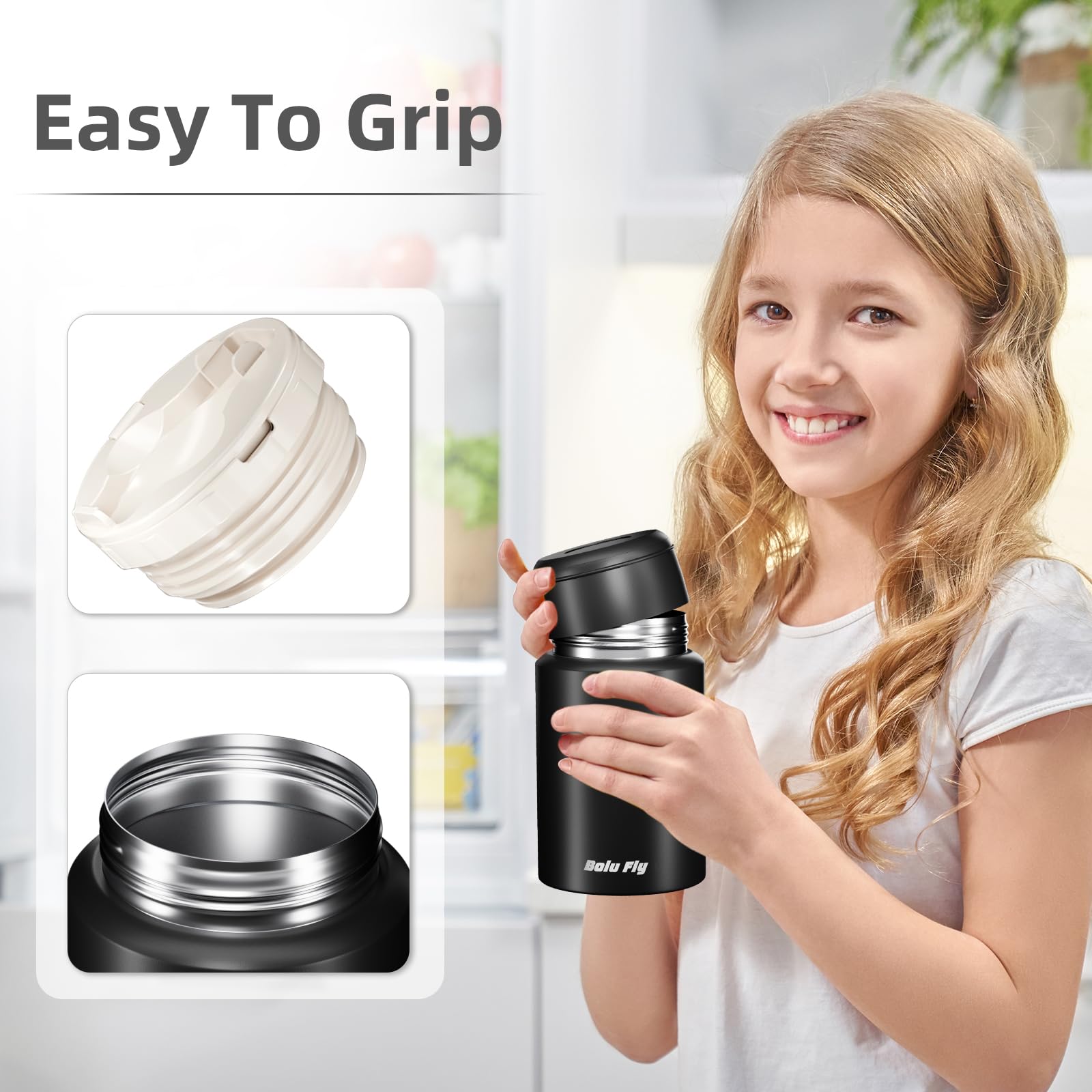 Termo de sopa para alimentos fríos y calientes para adultos, tarro de alimentos aislado, recipientes térmicos de acero inoxidable con bolsa de transporte y cuchara (18.5 onzas) (negro)