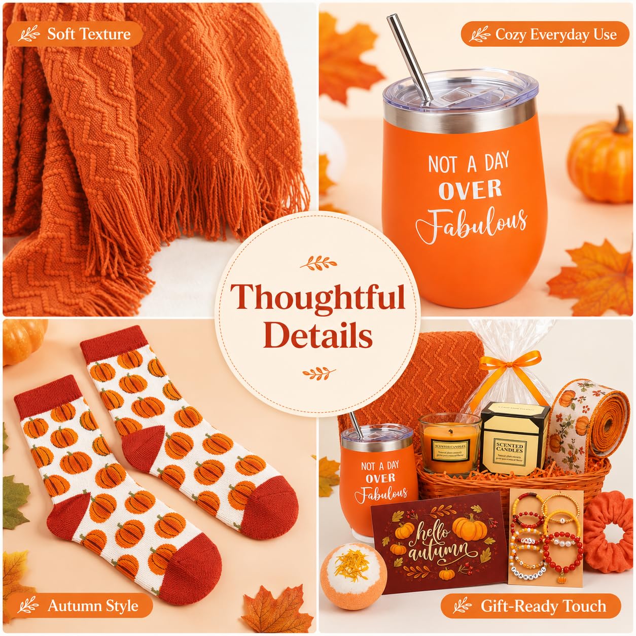 Oranger Herbst-Geschenkkorb für Damen, gemütlich, selbstpflegend, 13 Stück