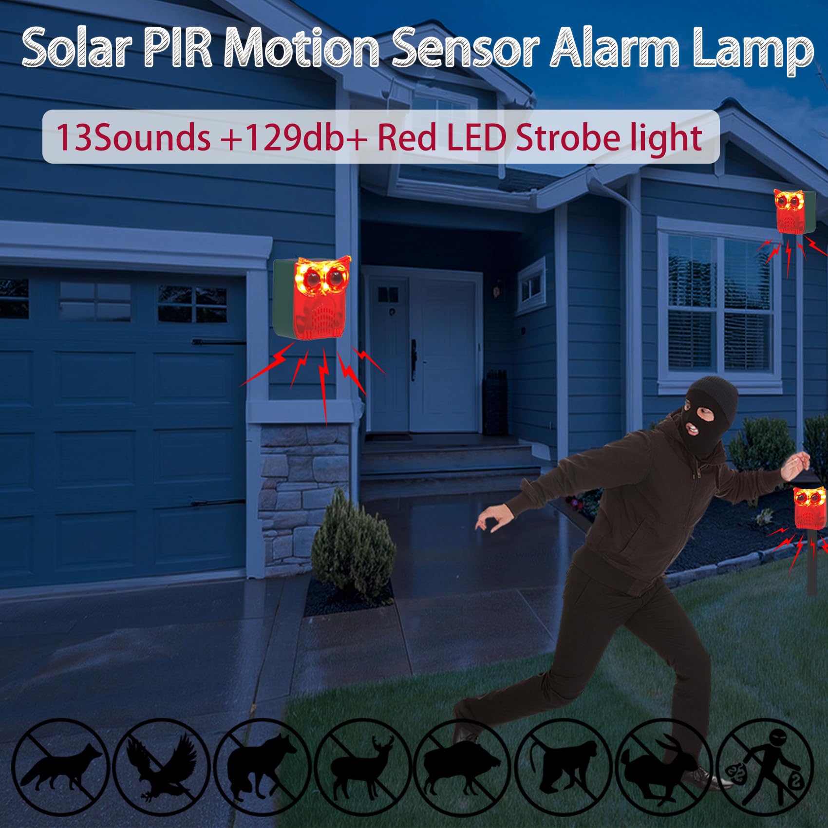 Alarma solar con sensor de movimiento para exteriores, 129 dB, alarma auditiva, seguridad intermitente, 13 sonidos para perros, barcas y disparos, jardín, granja, defensa de animales (2