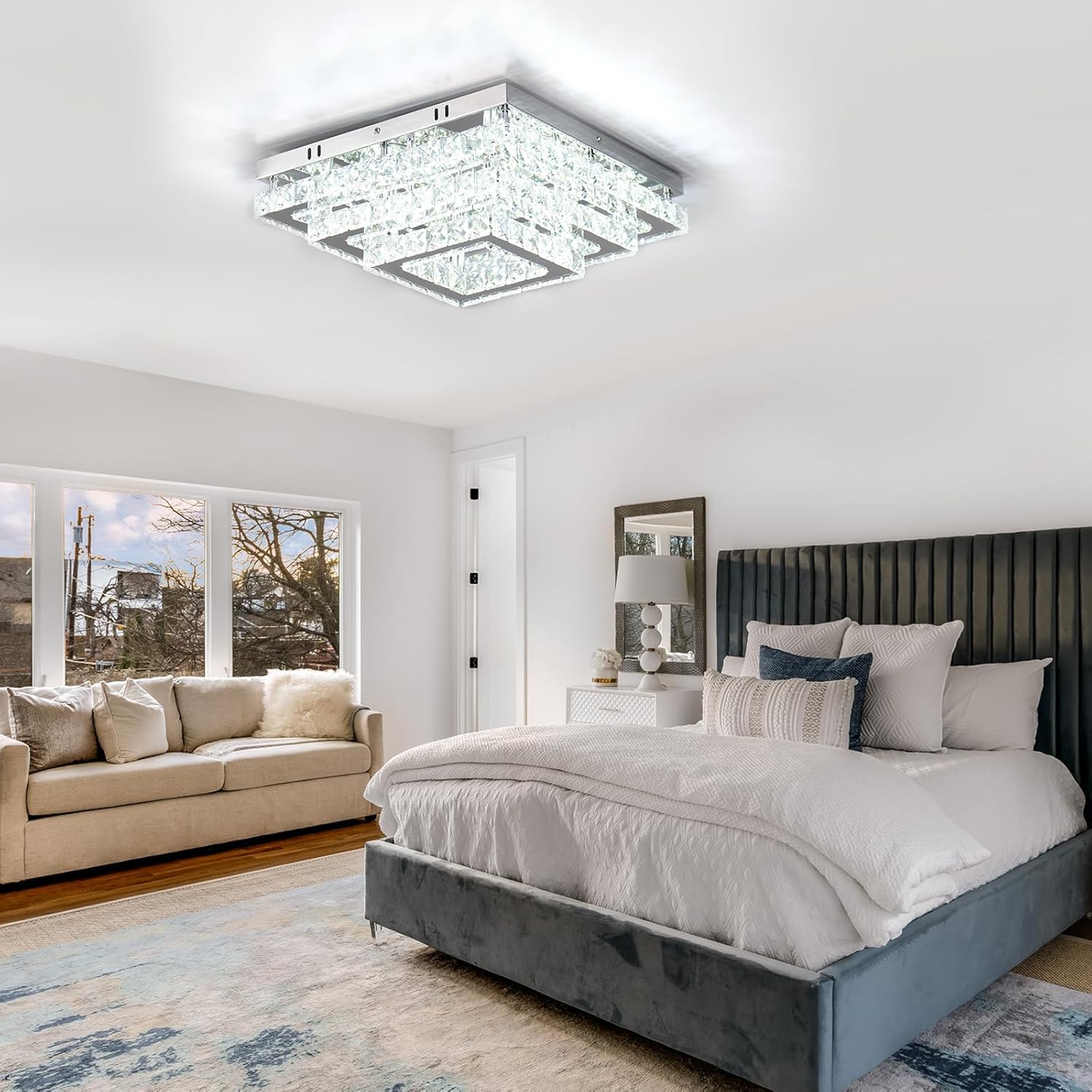 Finktonglan Square Crystal Ceiling Light Fixture, 15" Modern Flush Mount Chandelier, 3-Tier LED Ceiling Light for Living Room Dining Room Bedroom Hallway, 6500K Cool White