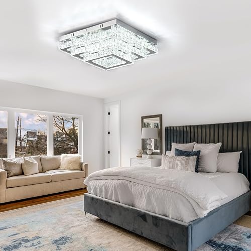Miniatura 2 de Finktonglan Lámpara de techo LED cuadrada de cristal, lámpara de techo moderna de 15 pies, lámpara de techo de 3 niveles para sala de estar, comedor