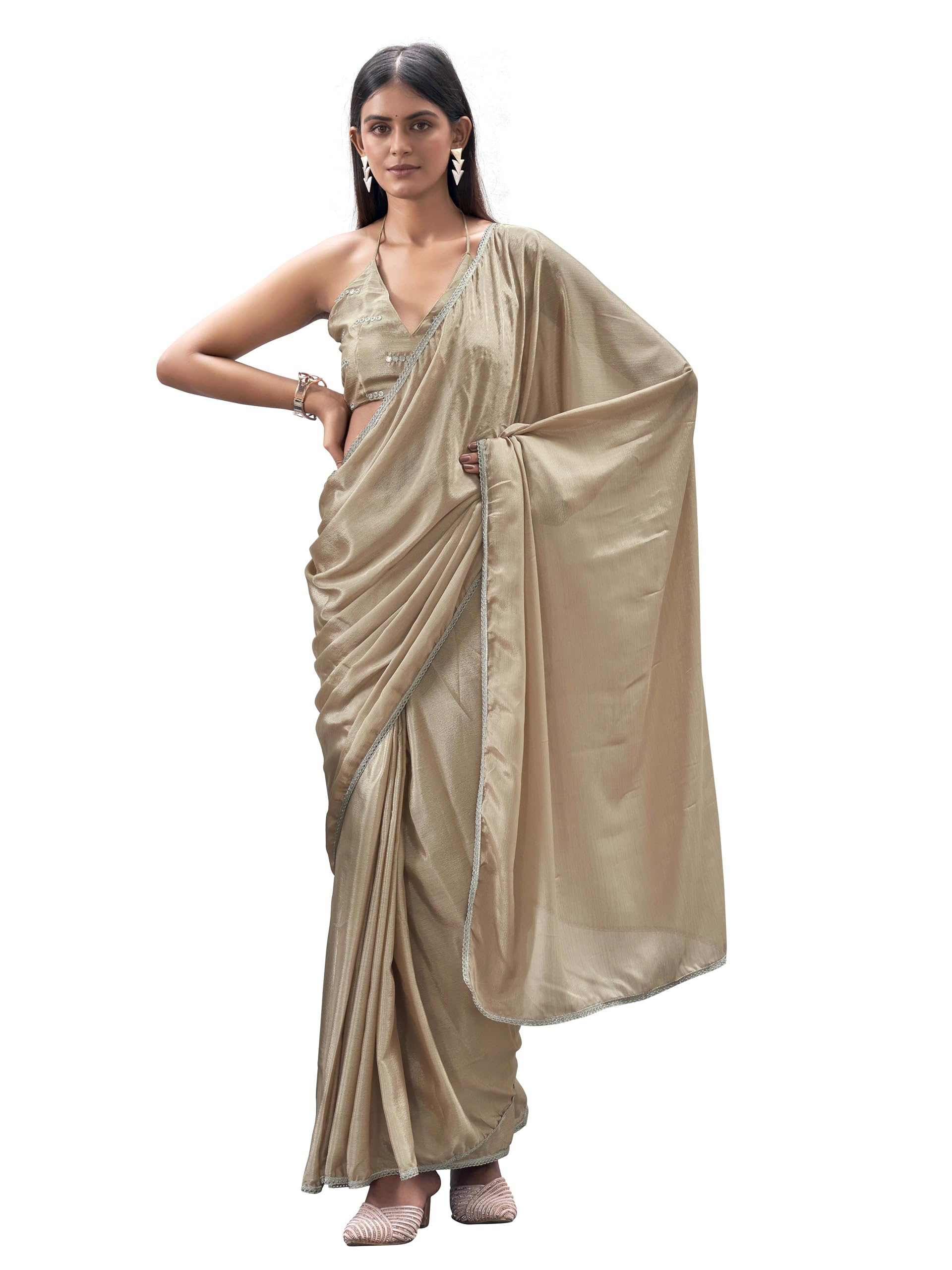 Women's Ready to wear beige colored chinon saree with with embellished lace & Mirror-Work blouse(TI6932_Beige_Onesize)