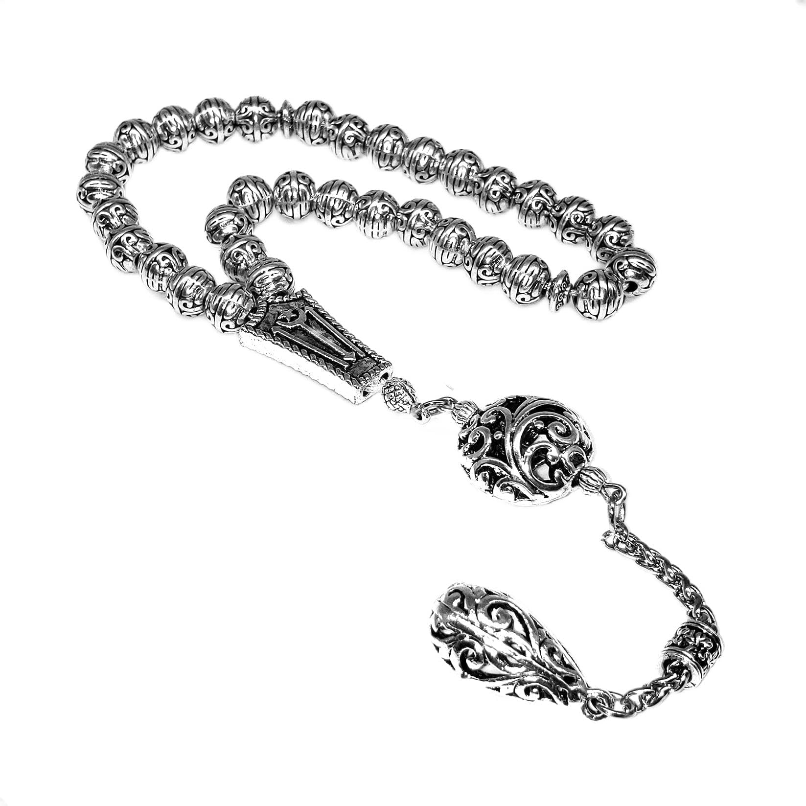 Antique Silver Plated Collection-Worry Beads-Prayer Beads-Tesbih-Tasbih-Tasbeeh-Misbaha-Masbaha-Subha-Sebha-Sibha (Antique Silver Plated with Drop Tassel -8mm 33 Beads-)