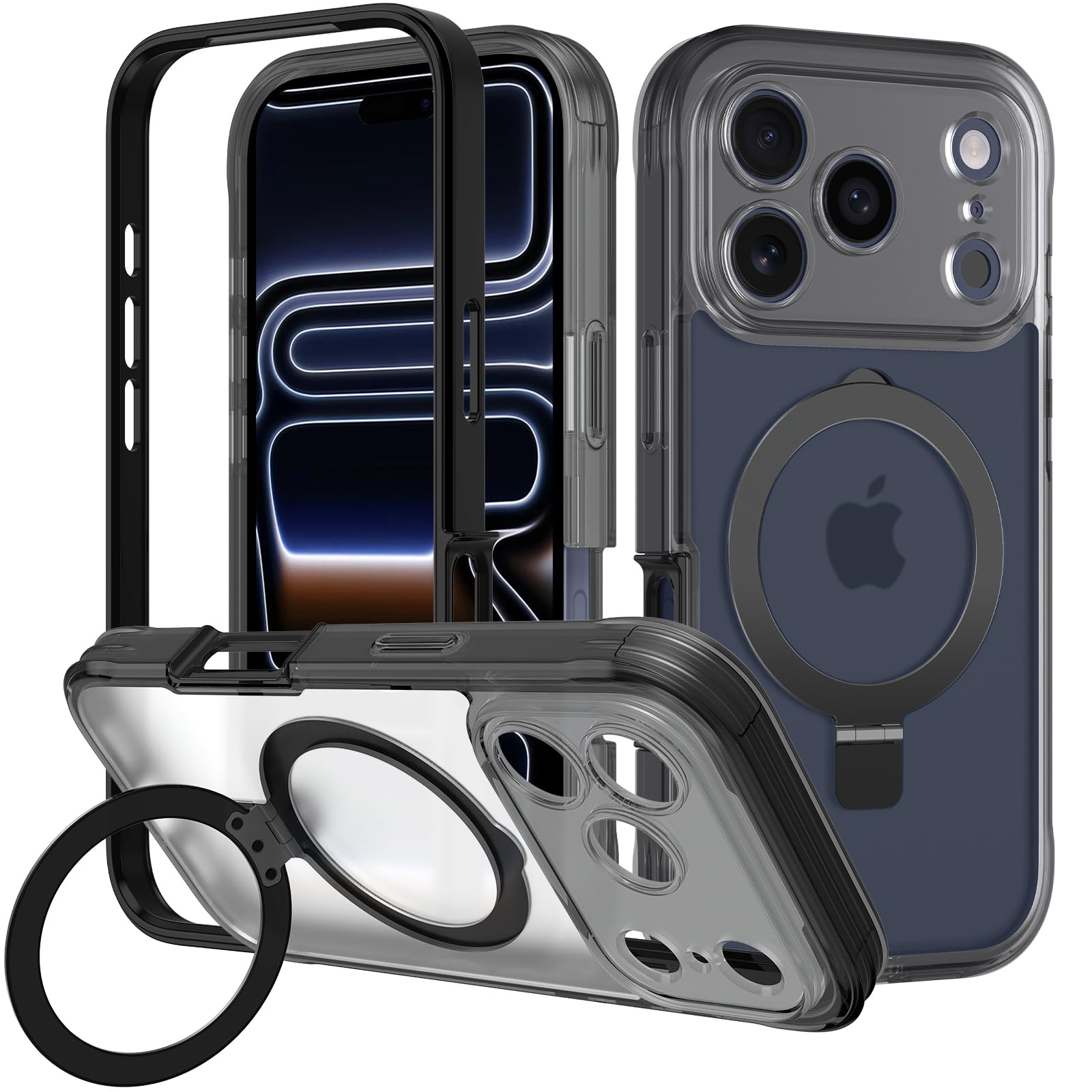 Photo 1 of Casehas for iPhone 17 Pro Max Case with Magnetic Invisible Stand [Compatible with MagSafe] Military Drop Protection Shockproof Slim Translucent Skin-Touch Case Cover Black