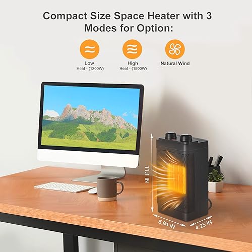 Miniatura 2 de Calentador de espacio eléctrico portátil con termostato y oscilación para uso en interiores, calentador de habitación de 1500 W para escritorio de