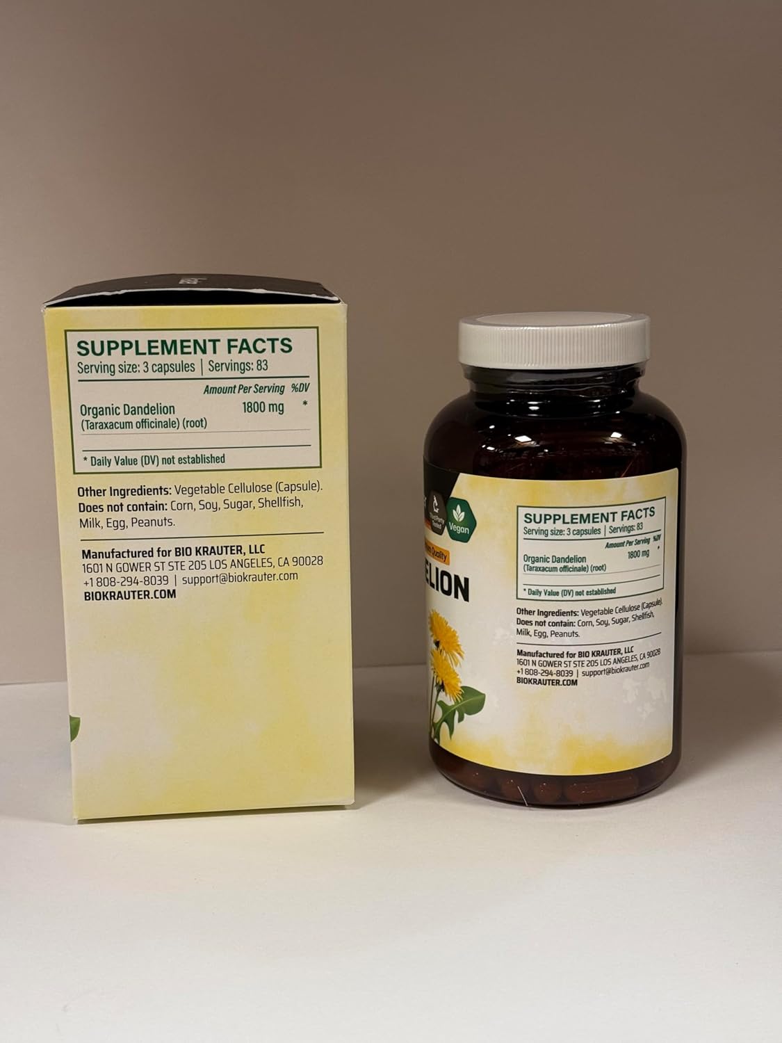 BIO KRAUTER® Dandelion Root for Liver & Kidney Support - Vegan Dandelion Root Supplement 1800 mg per Serving - Used for Cleanse & Detox, 250 Capsules, 83-Day Supply, Non-GMO